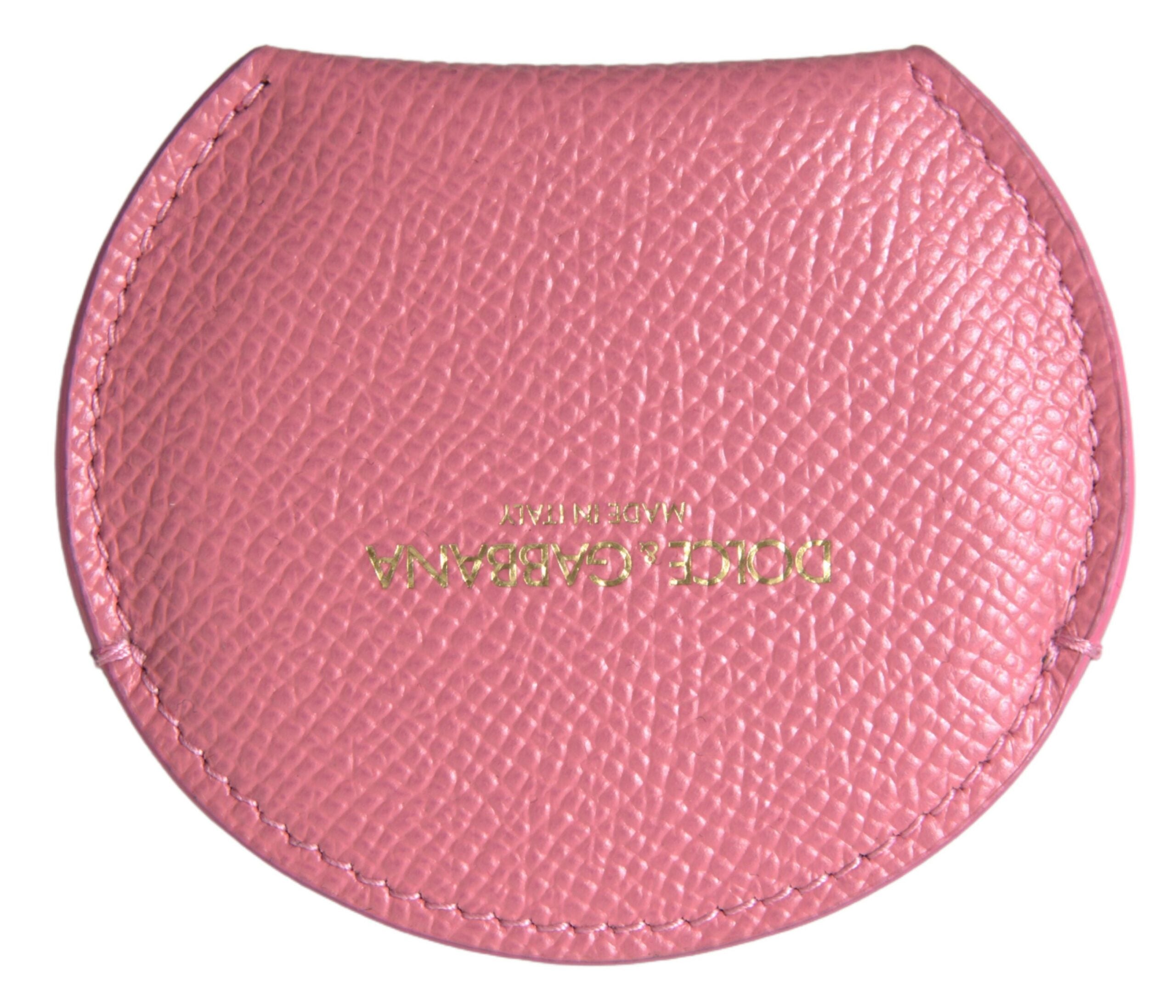 Dolce & Gabbana Pink Calfskin Leather Round Logo Print Hand Mirror Holder Dolce & Gabbana