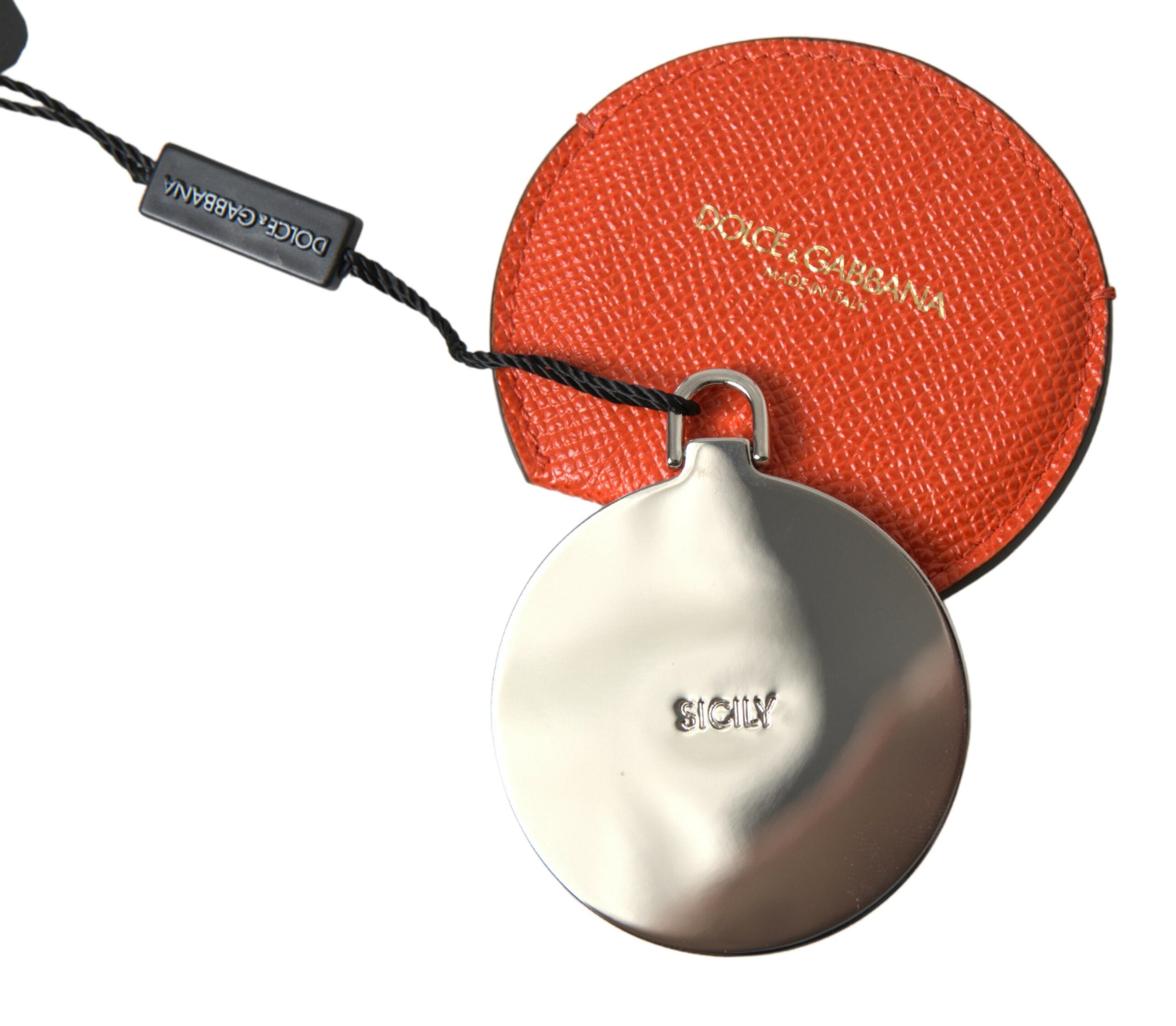 Dolce & Gabbana Orange Calfskin Leather Round Logo Hand Mirror Holder Dolce & Gabbana