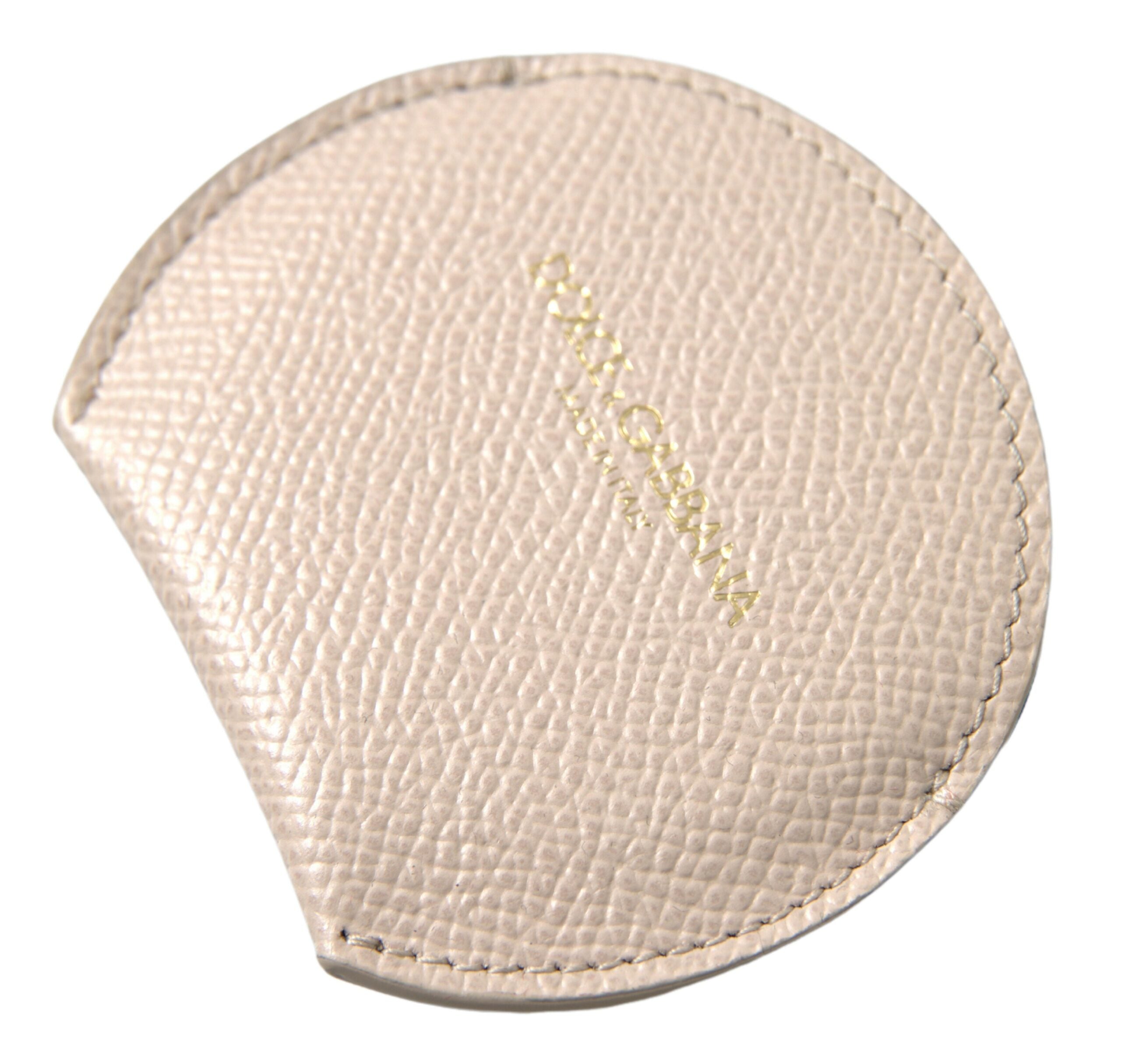 Dolce & Gabbana Beige Calfskin Leather Round Logo Hand Mirror Holder Dolce & Gabbana