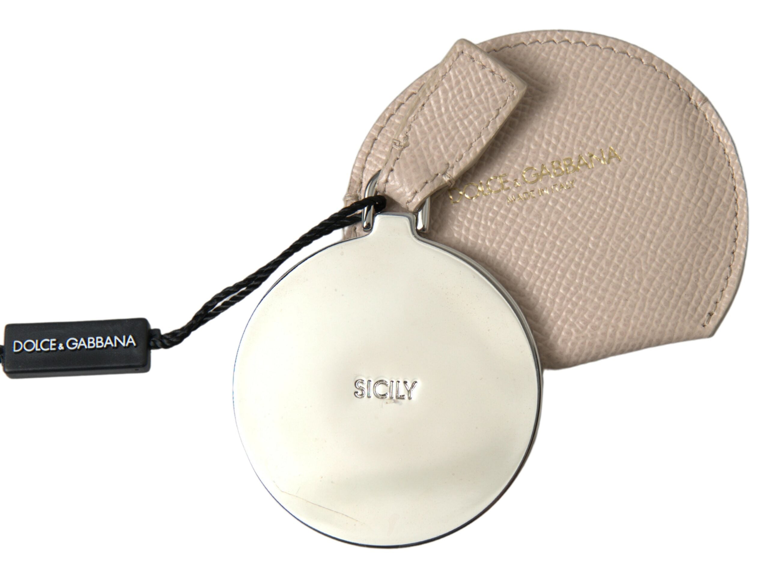 Dolce & Gabbana Beige Calfskin Leather Round Logo Hand Mirror Holder Dolce & Gabbana