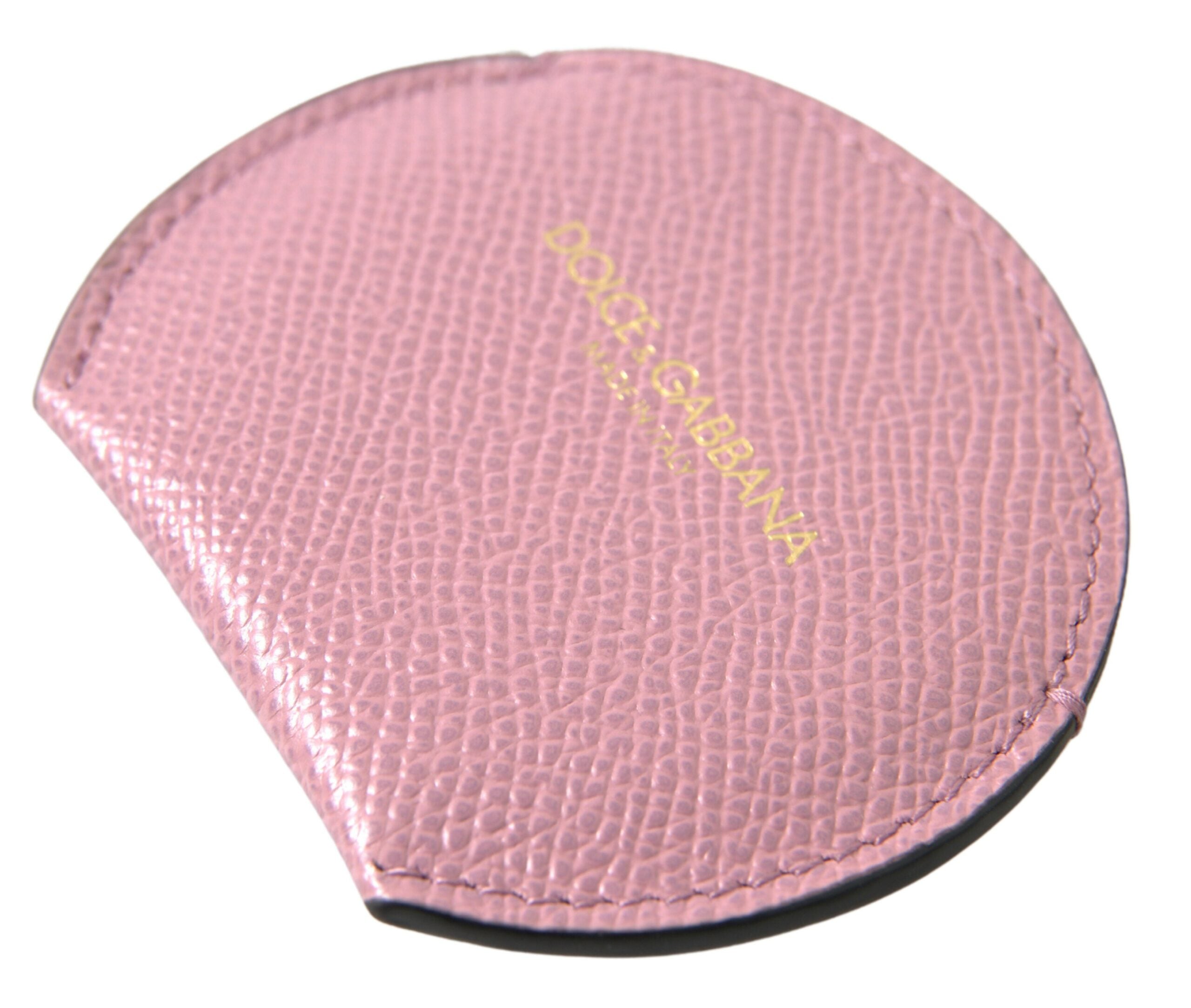 Dolce & Gabbana Pink Calfskin Leather Round Logo Print Hand Mirror Holder Dolce & Gabbana