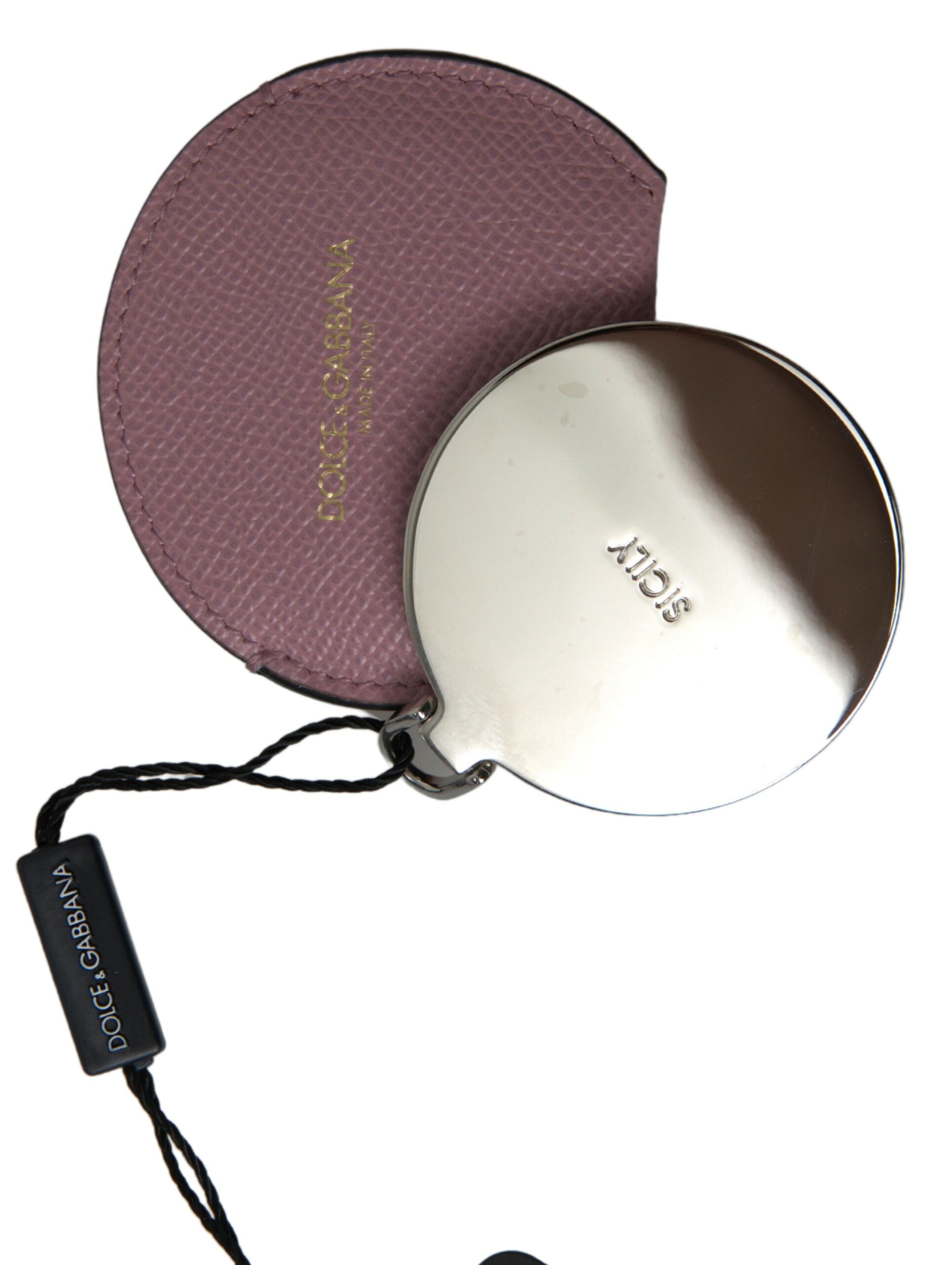 Dolce & Gabbana Pink Calfskin Leather Round Logo Print Hand Mirror Holder Dolce & Gabbana