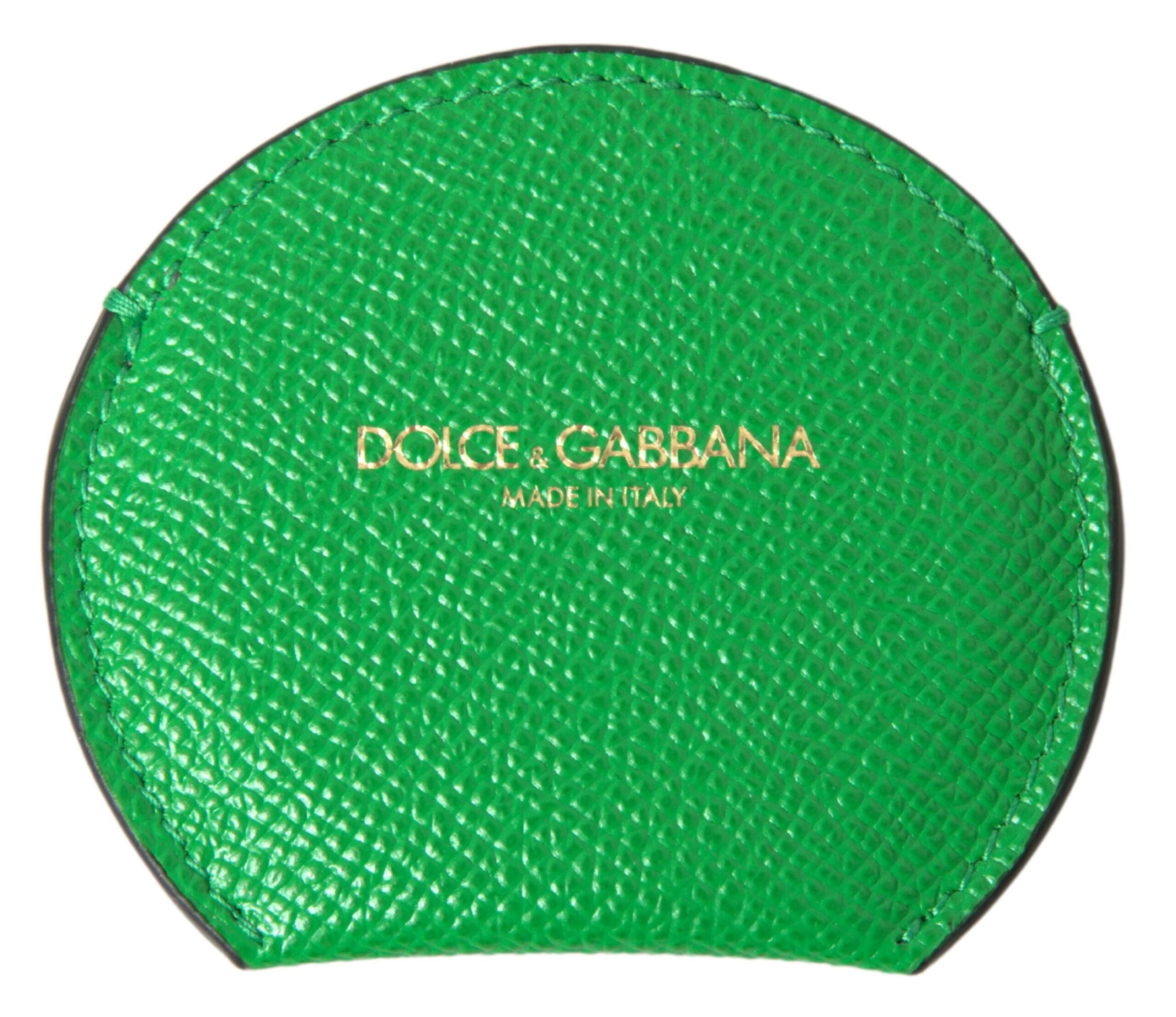 Dolce & Gabbana Green Calfskin Leather Round Logo Hand Mirror Holder Dolce & Gabbana