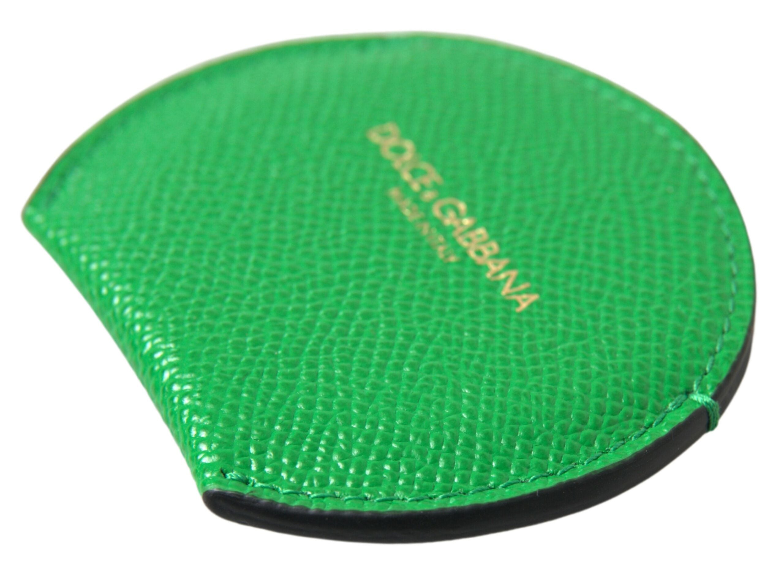 Dolce & Gabbana Green Calfskin Leather Round Logo Hand Mirror Holder Dolce & Gabbana