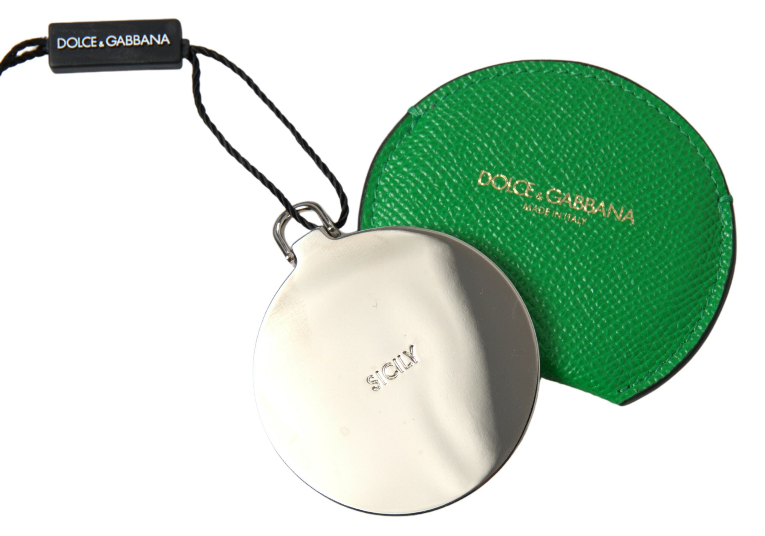 Dolce & Gabbana Green Calfskin Leather Round Logo Hand Mirror Holder Dolce & Gabbana
