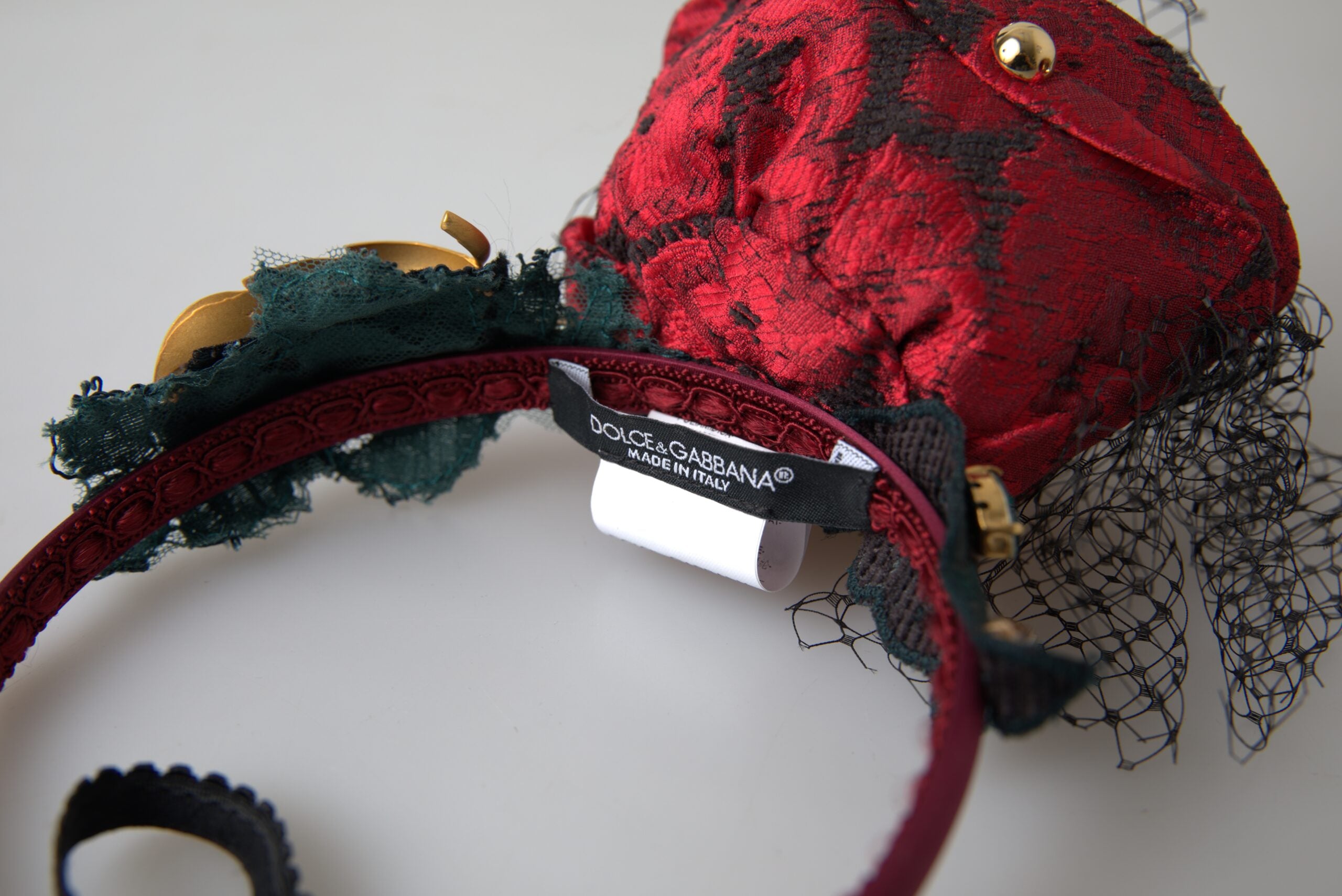 Dolce & Gabbana Red with multicolor Rose Silk Crystal Netted Logo Diadem Headband Dolce & Gabbana