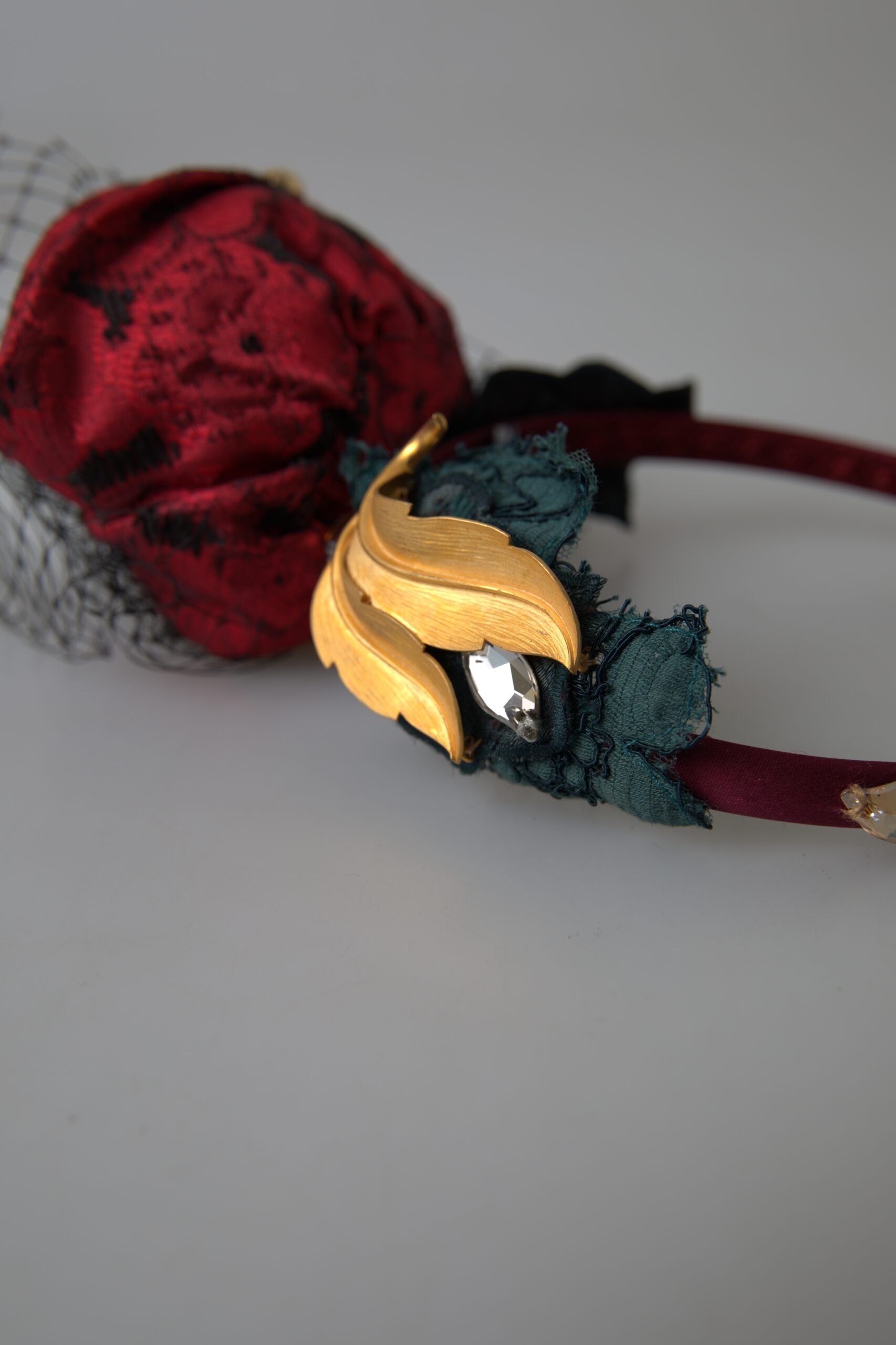 Dolce & Gabbana Red with multicolor Rose Silk Crystal Netted Logo Diadem Headband Dolce & Gabbana