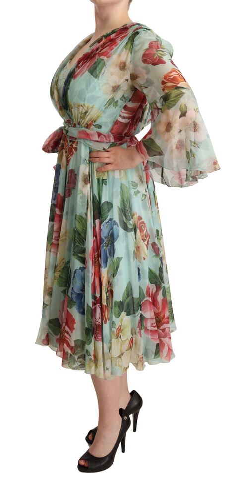 Dolce & Gabbana Multicolor Green Floral Silk Wrap Midi Dress Dolce & Gabbana