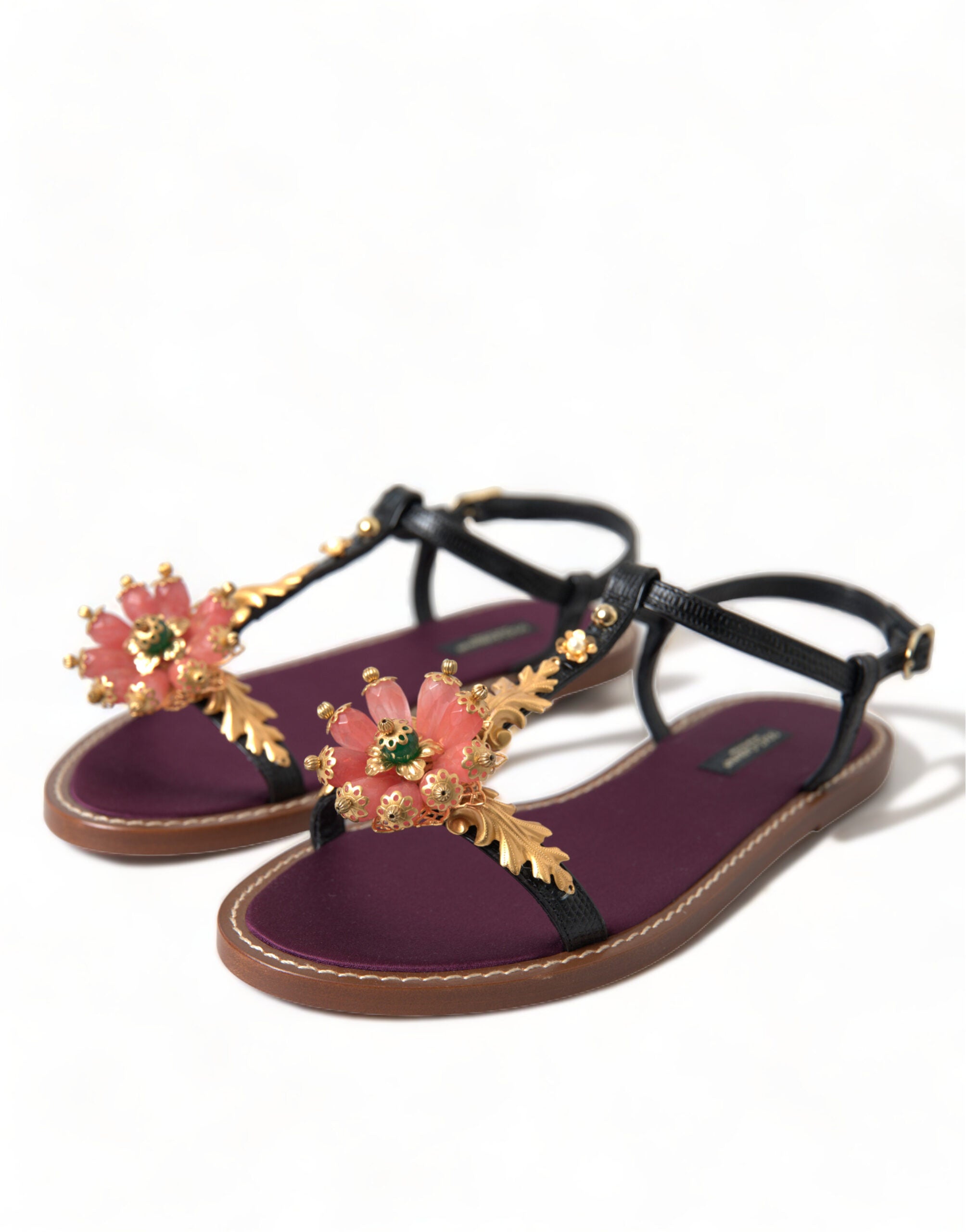 Dolce & Gabbana Black Crystal Gold Sandals Leather Shoes Dolce & Gabbana