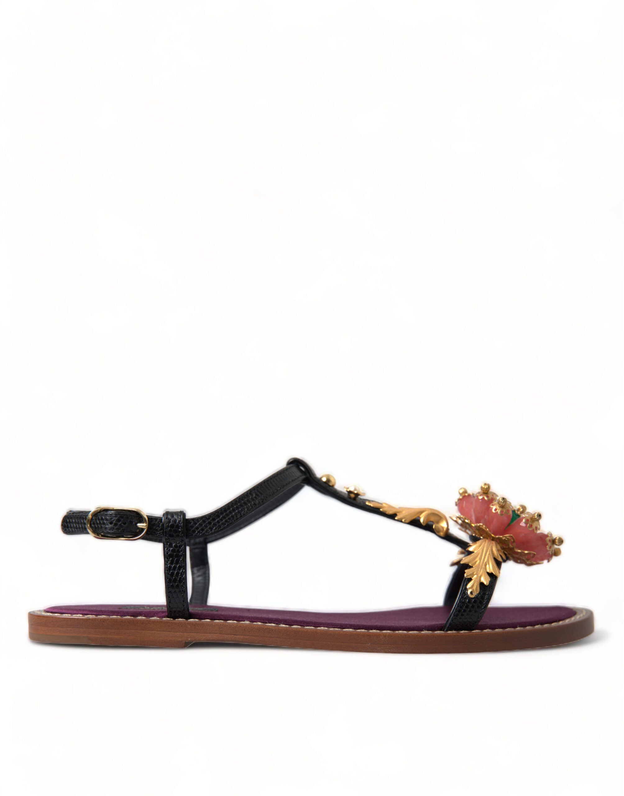 Dolce & Gabbana Black Crystal Gold Sandals Leather Shoes Dolce & Gabbana