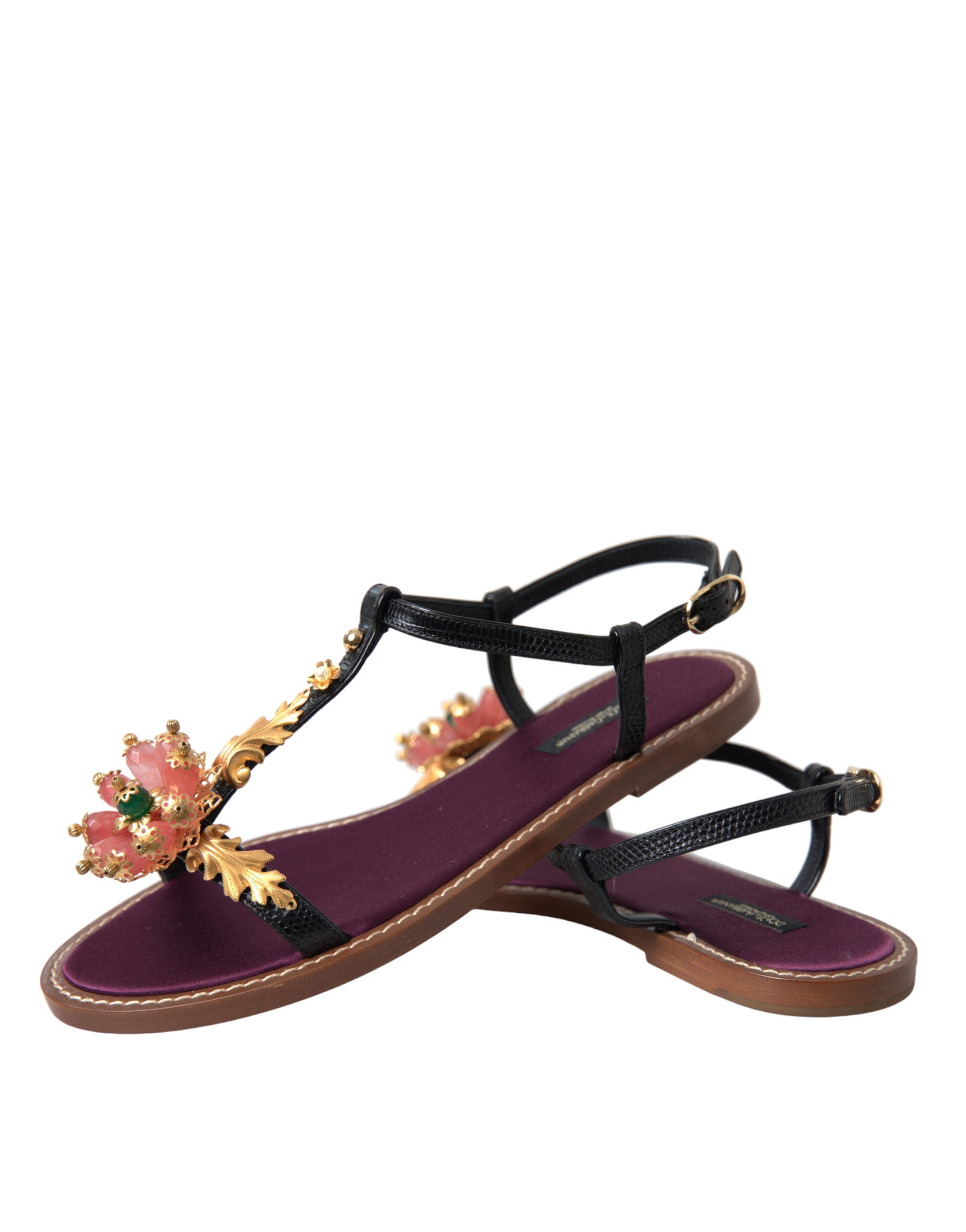 Dolce & Gabbana Black Crystal Gold Sandals Leather Shoes Dolce & Gabbana