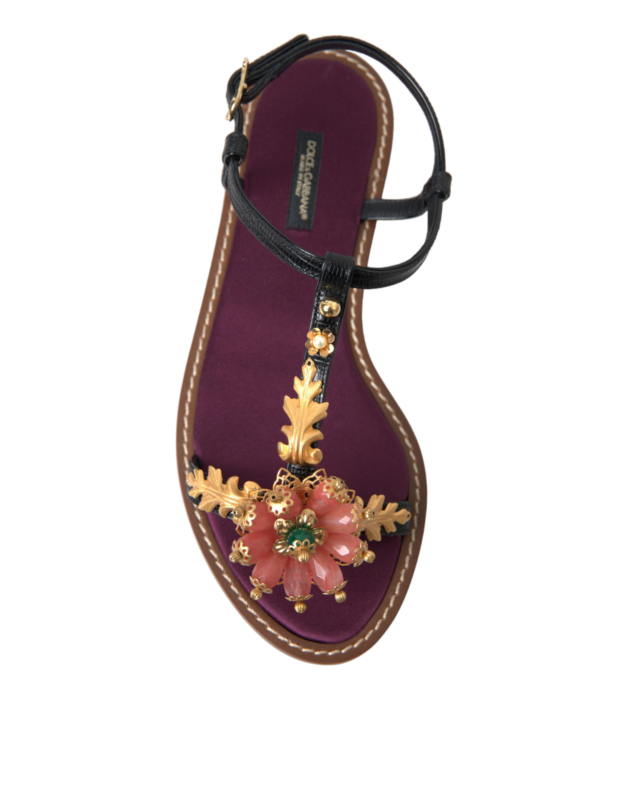Dolce & Gabbana Black Crystal Gold Sandals Leather Shoes Dolce & Gabbana