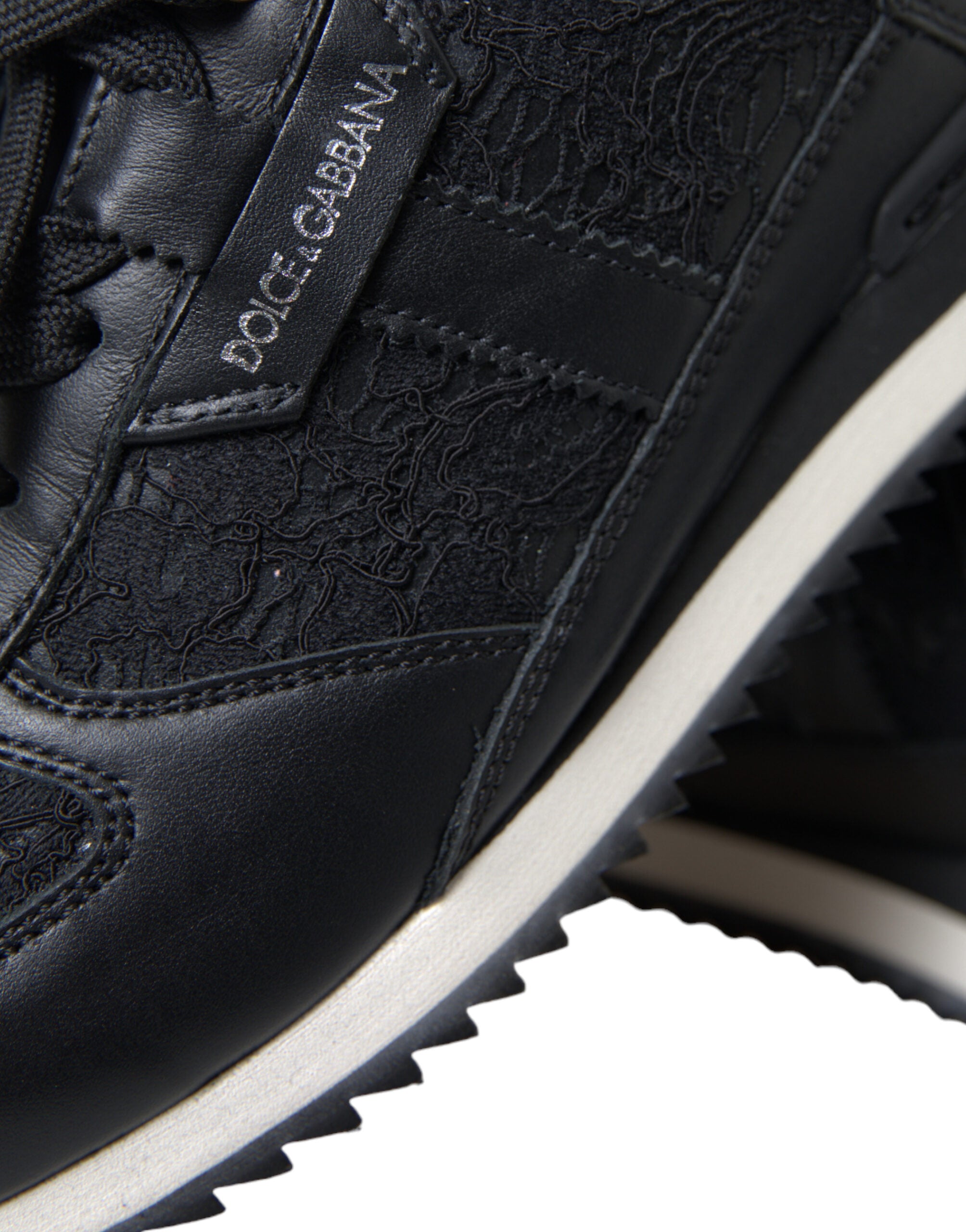 Dolce & Gabbana Black Floral Lace Leather Sneakers Shoes Dolce & Gabbana