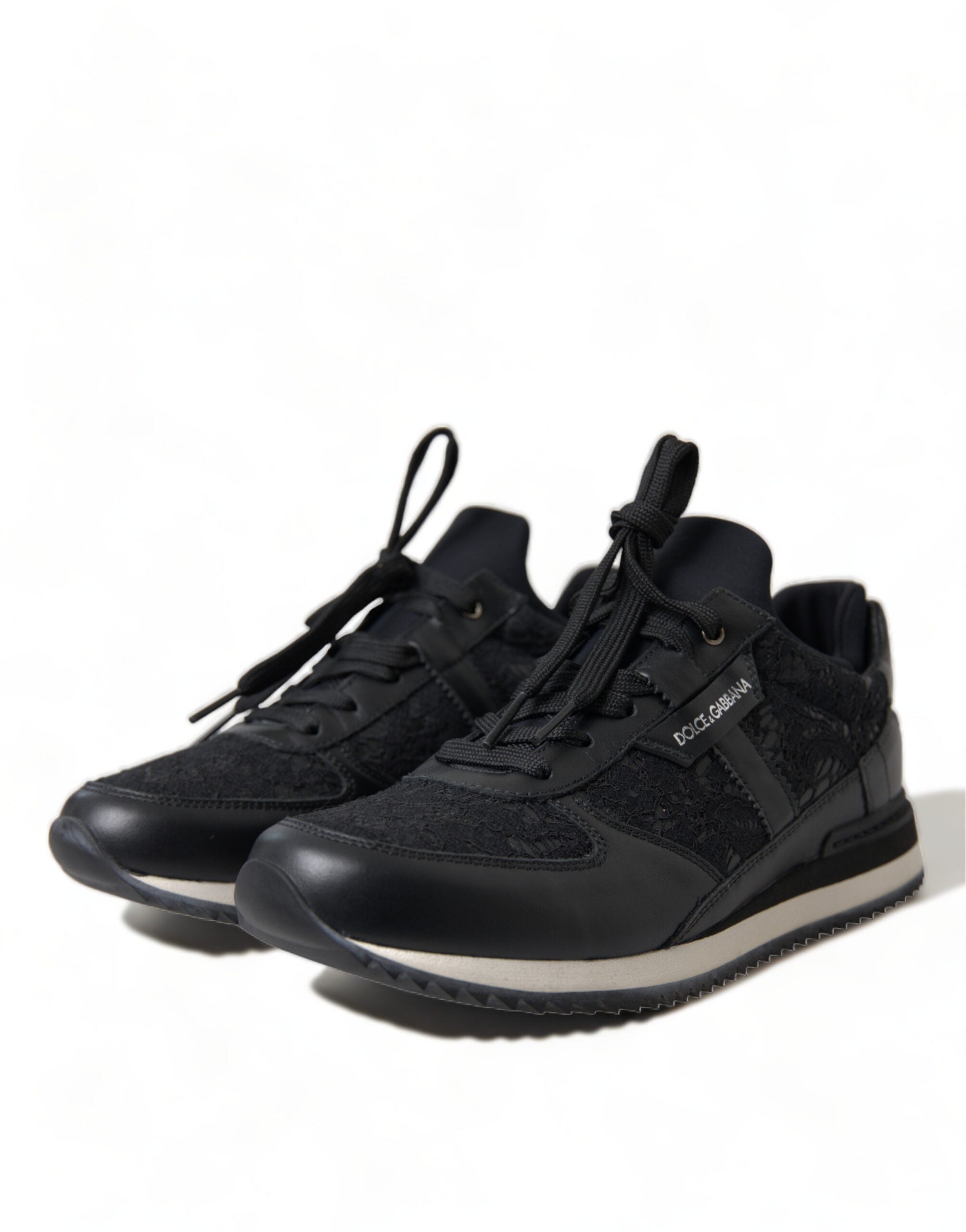 Dolce & Gabbana Black Floral Lace Leather Sneakers Shoes Dolce & Gabbana