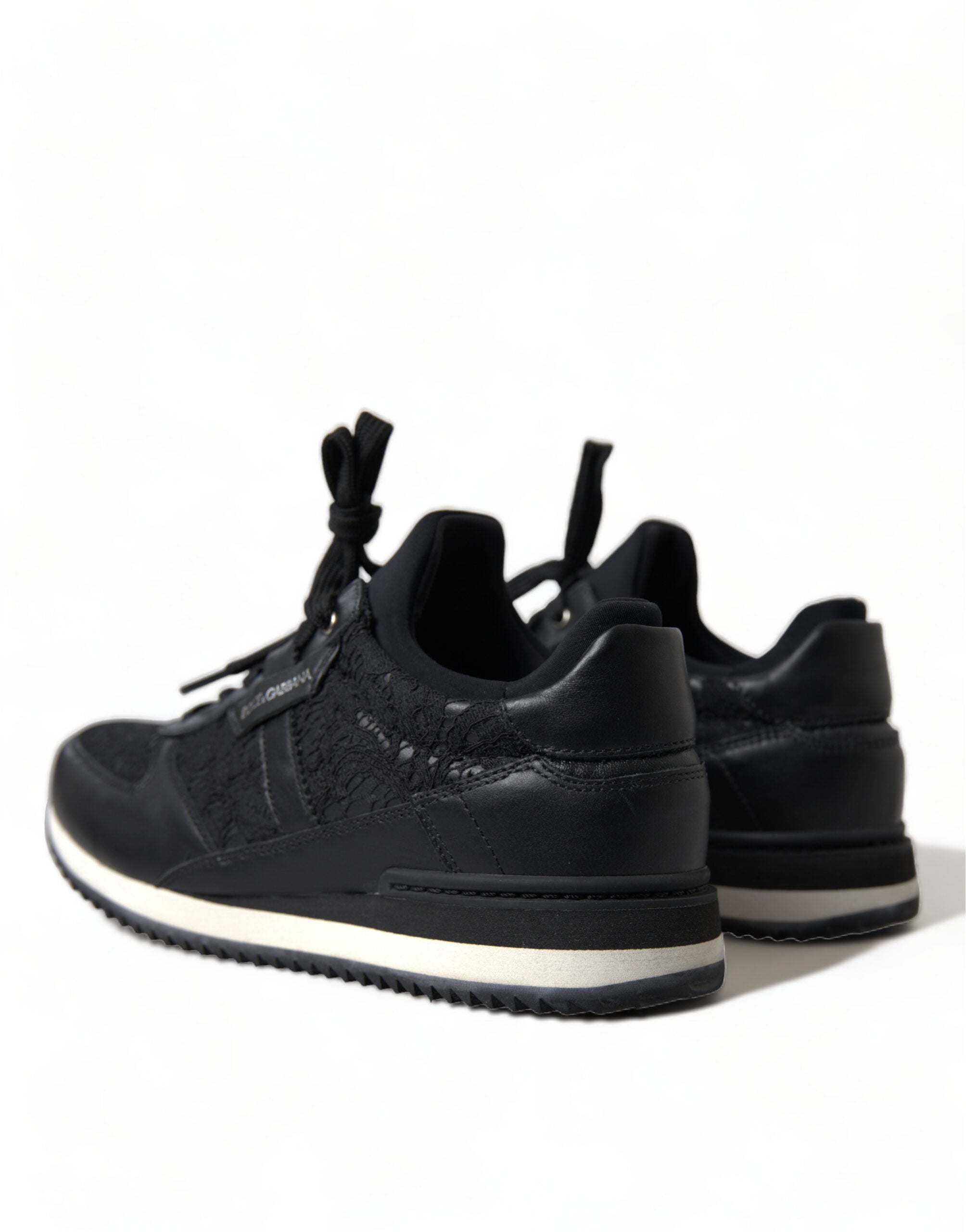 Dolce & Gabbana Black Floral Lace Leather Sneakers Shoes Dolce & Gabbana