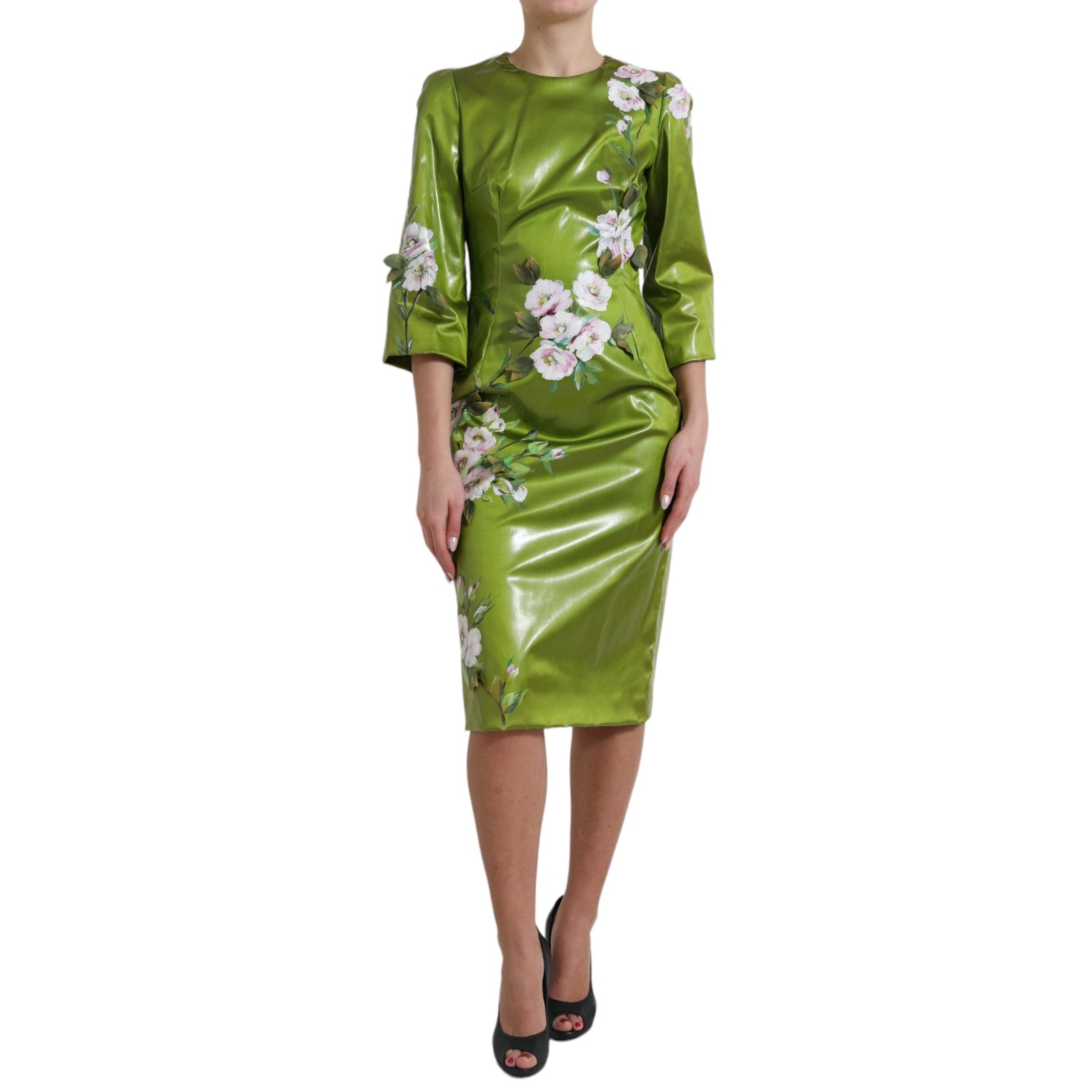 Dolce & Gabbana Green Floral Embellished Sheath Midi Dress Dolce & Gabbana