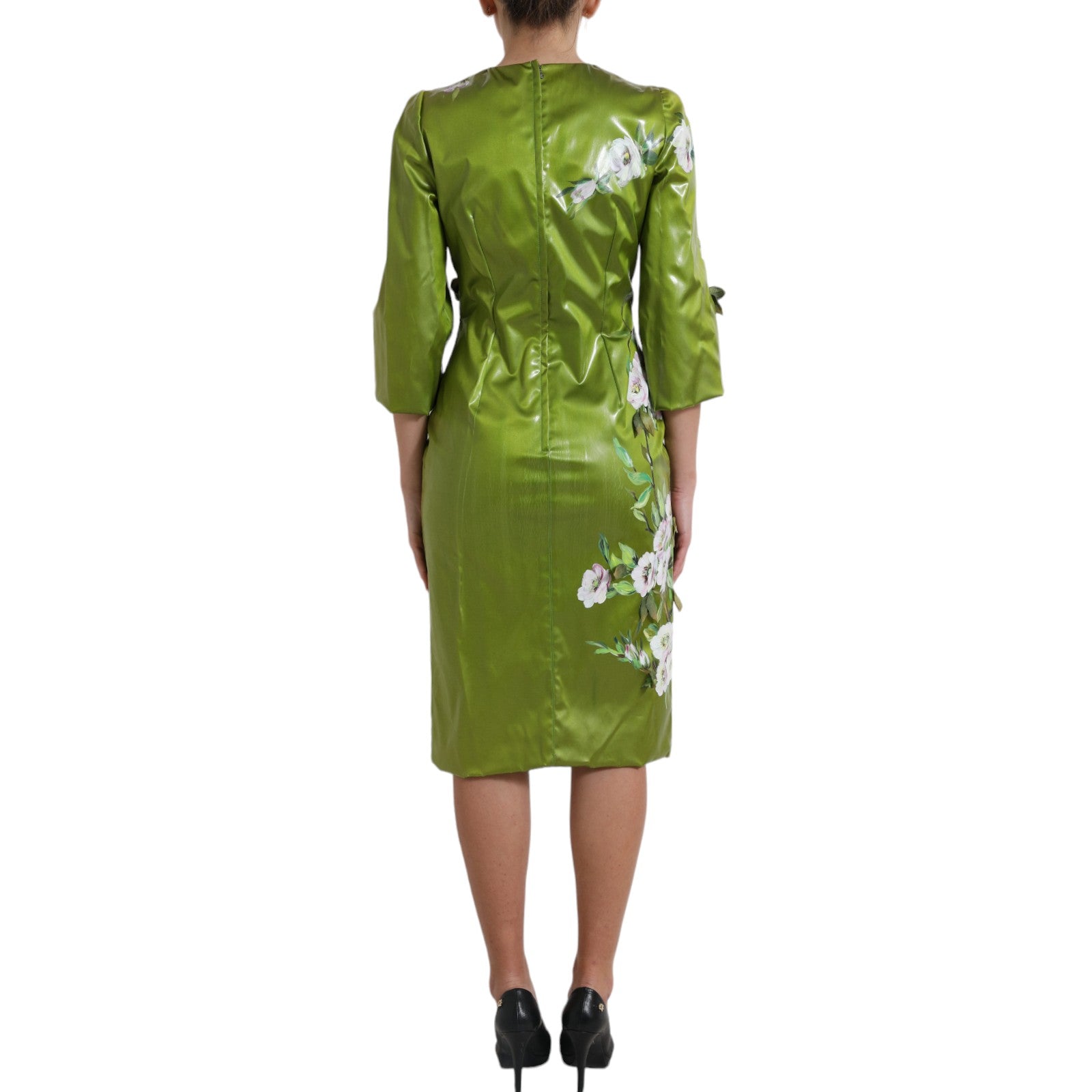 Dolce & Gabbana Green Floral Embellished Sheath Midi Dress Dolce & Gabbana