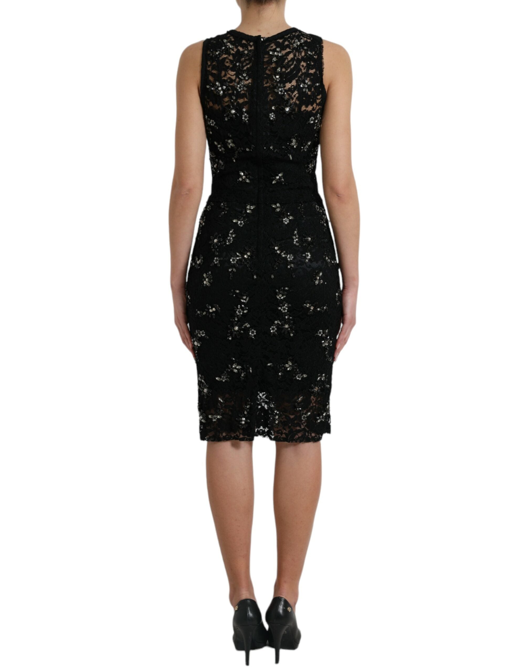 Dolce & Gabbana Black Floral Lace Crystal Sheath Dress Dolce & Gabbana