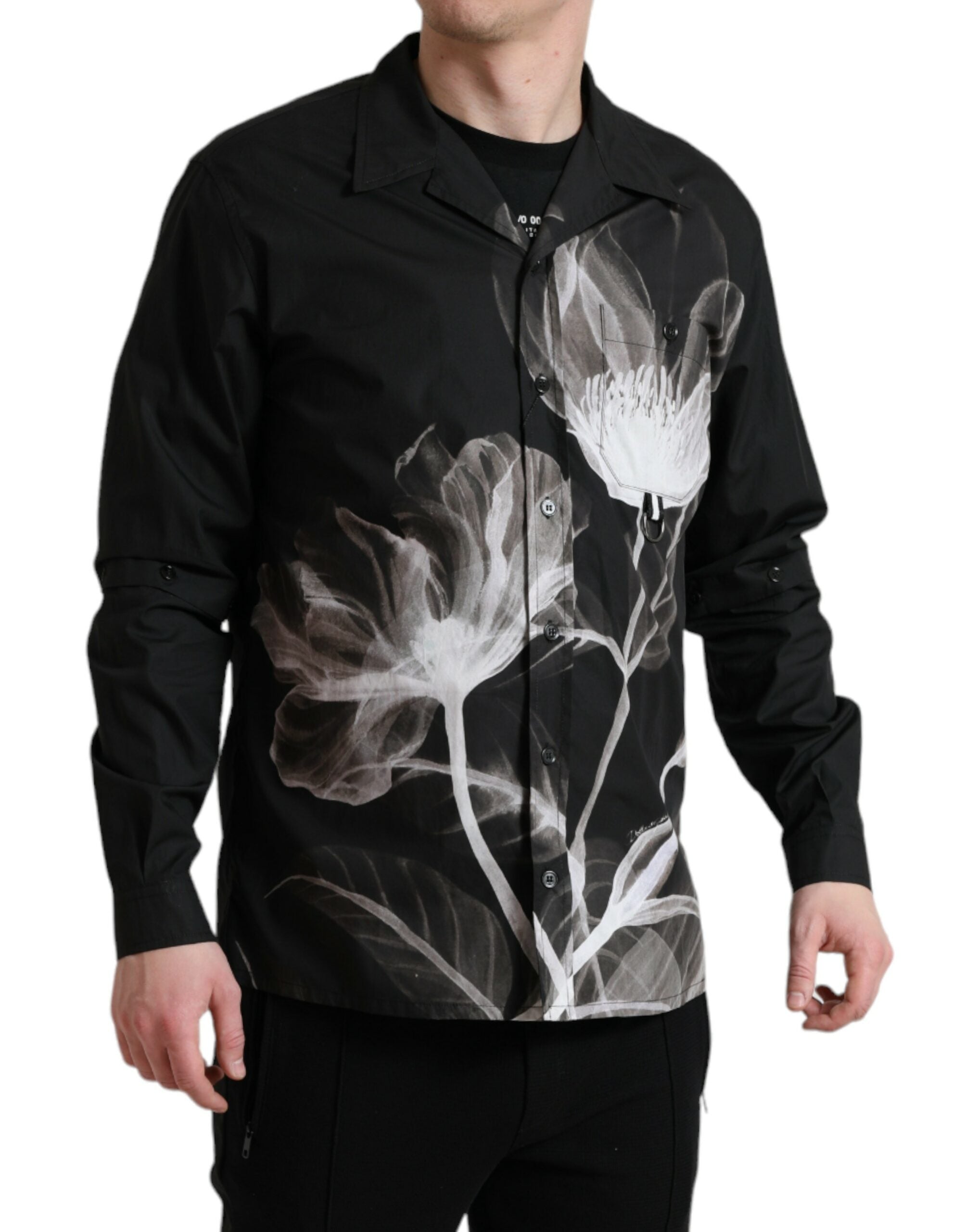 Dolce & Gabbana Black Floral Cotton Collared Long Sleeves Men Shirt Dolce & Gabbana