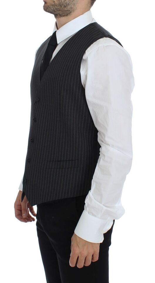 Dolce & Gabbana Gray Striped Wool Single Breasted Vest Dolce & Gabbana