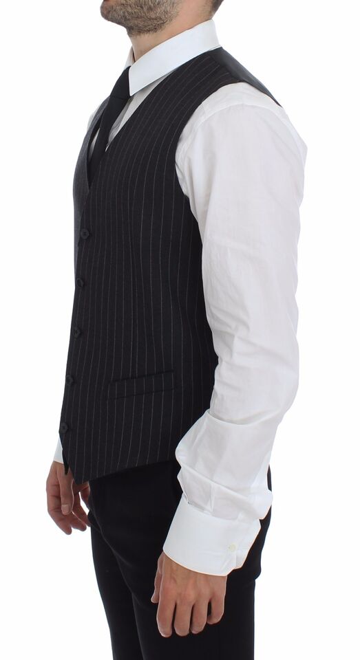 Dolce & Gabbana Gray Striped Wool Logo Vest Gilet Weste Dolce & Gabbana