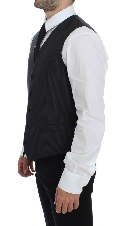 Dolce & Gabbana Gray Striped Wool Single Breasted Vest Dolce & Gabbana