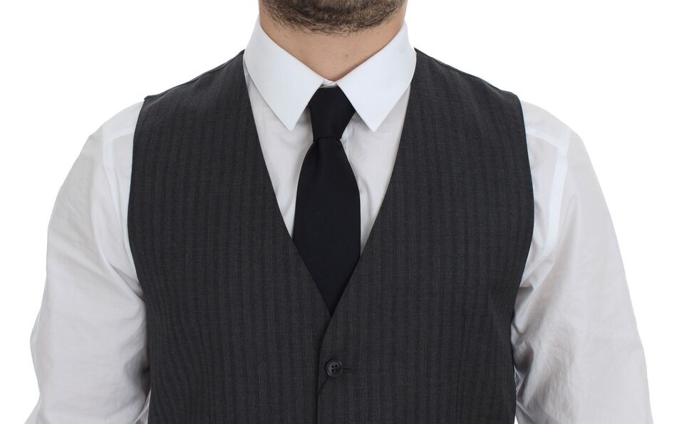 Dolce & Gabbana Gray Striped Wool Single Breasted Vest Dolce & Gabbana