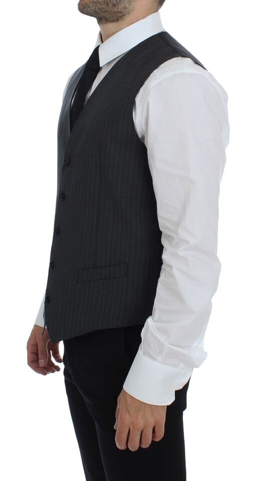 Dolce & Gabbana Gray Striped Wool Single Breasted Vest Dolce & Gabbana