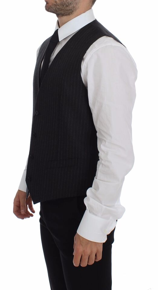 Dolce & Gabbana Gray Striped Wool Logo Vest Gilet Vests Dolce & Gabbana