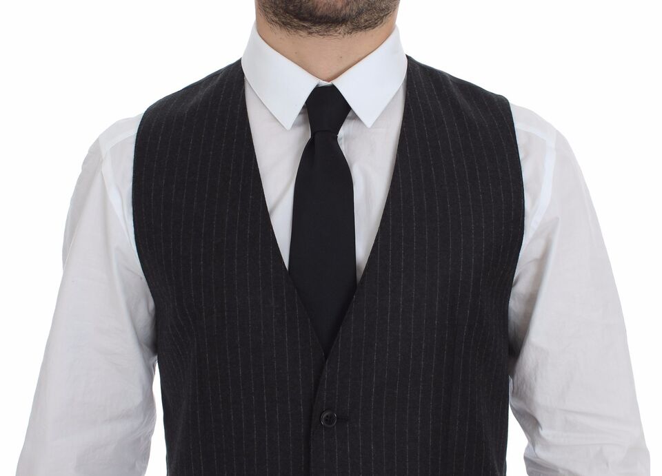 Dolce & Gabbana Gray Striped Wool Logo Vest Gilet Vests Dolce & Gabbana
