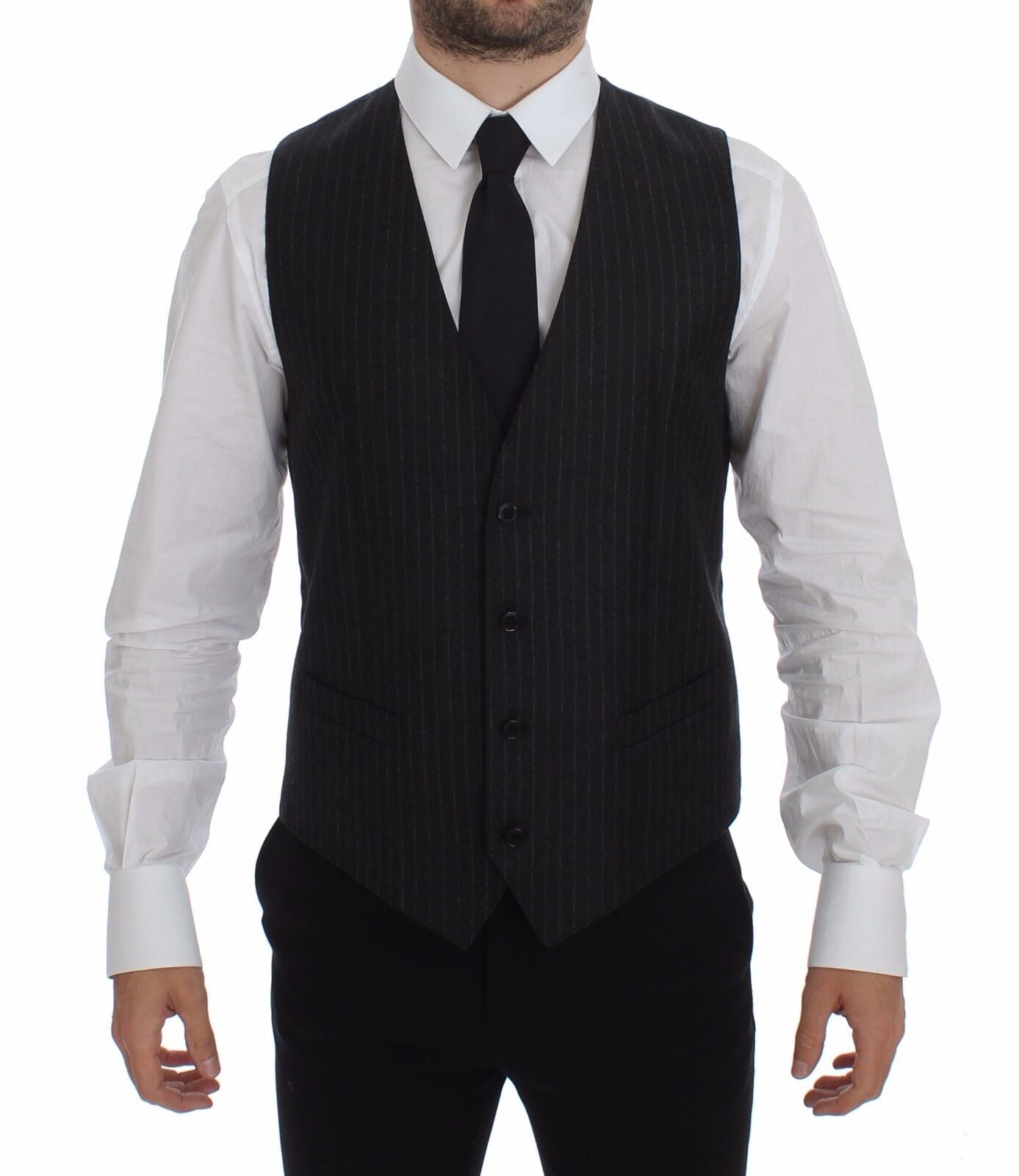 Dolce & Gabbana Gray Striped Wool Logo Vest Gilet Vests Dolce & Gabbana