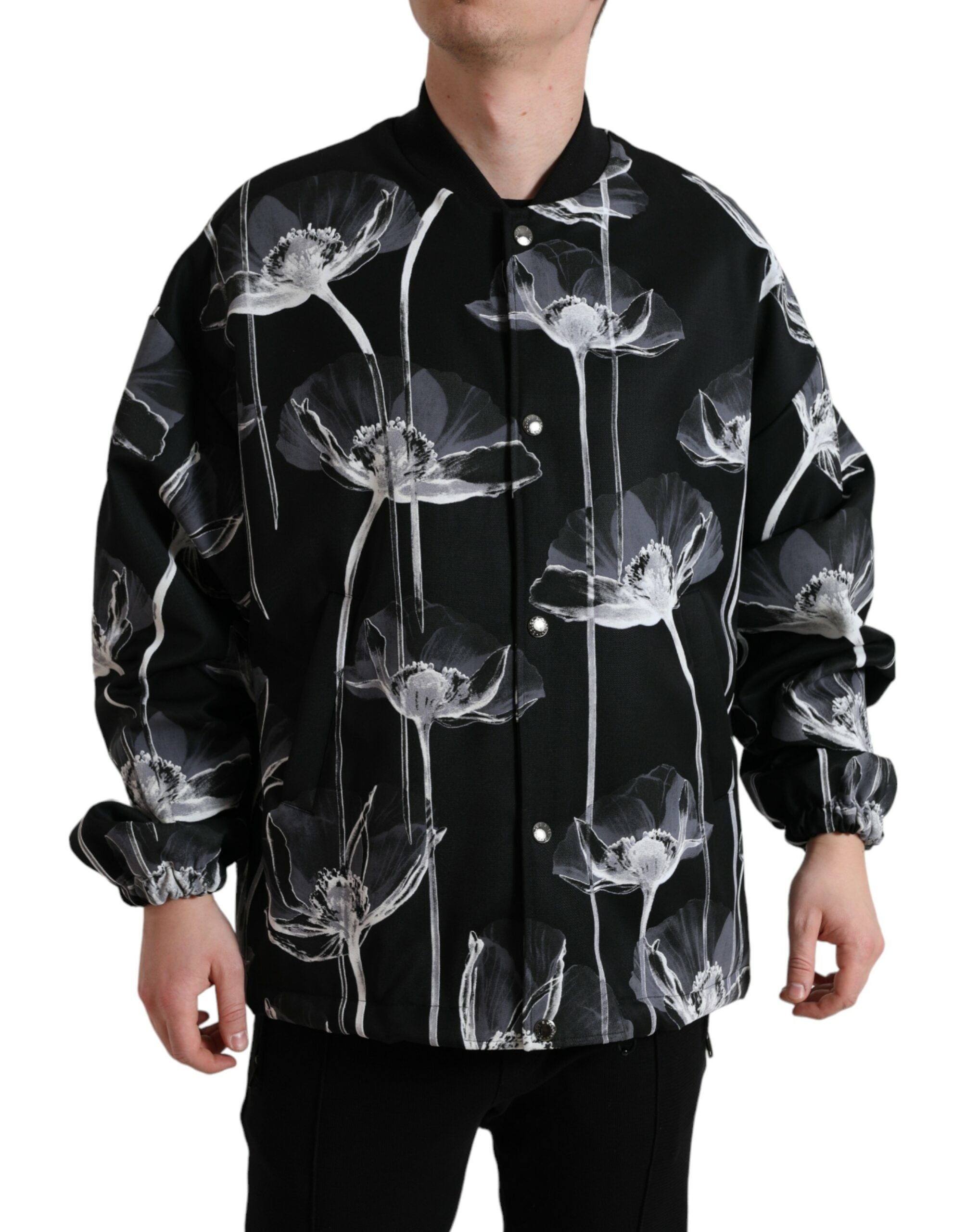 Dolce & Gabbana Black Floral Print Wool Button Down Bomber Jacket Dolce & Gabbana