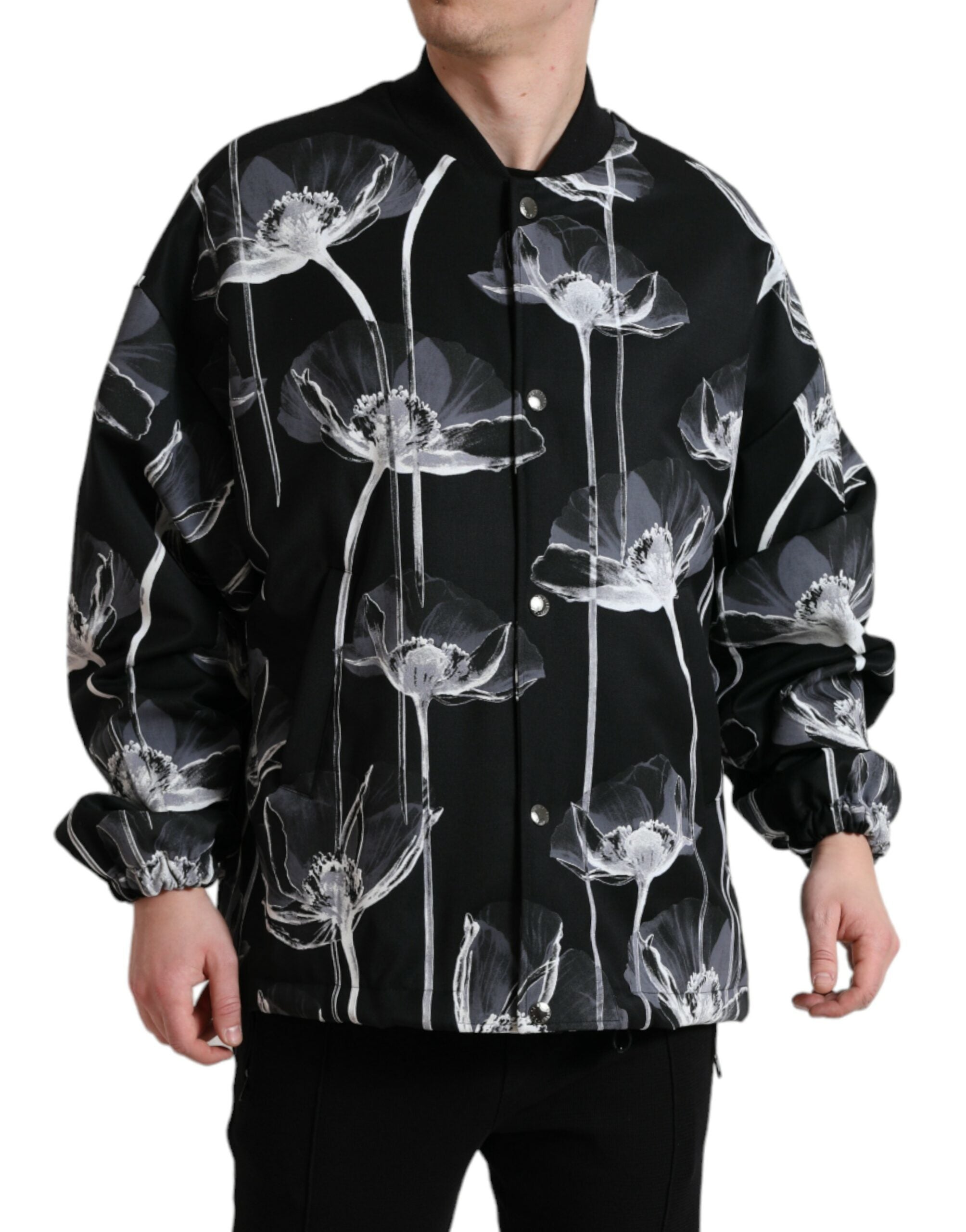 Dolce & Gabbana Black Floral Print Wool Button Down Bomber Jacket Dolce & Gabbana
