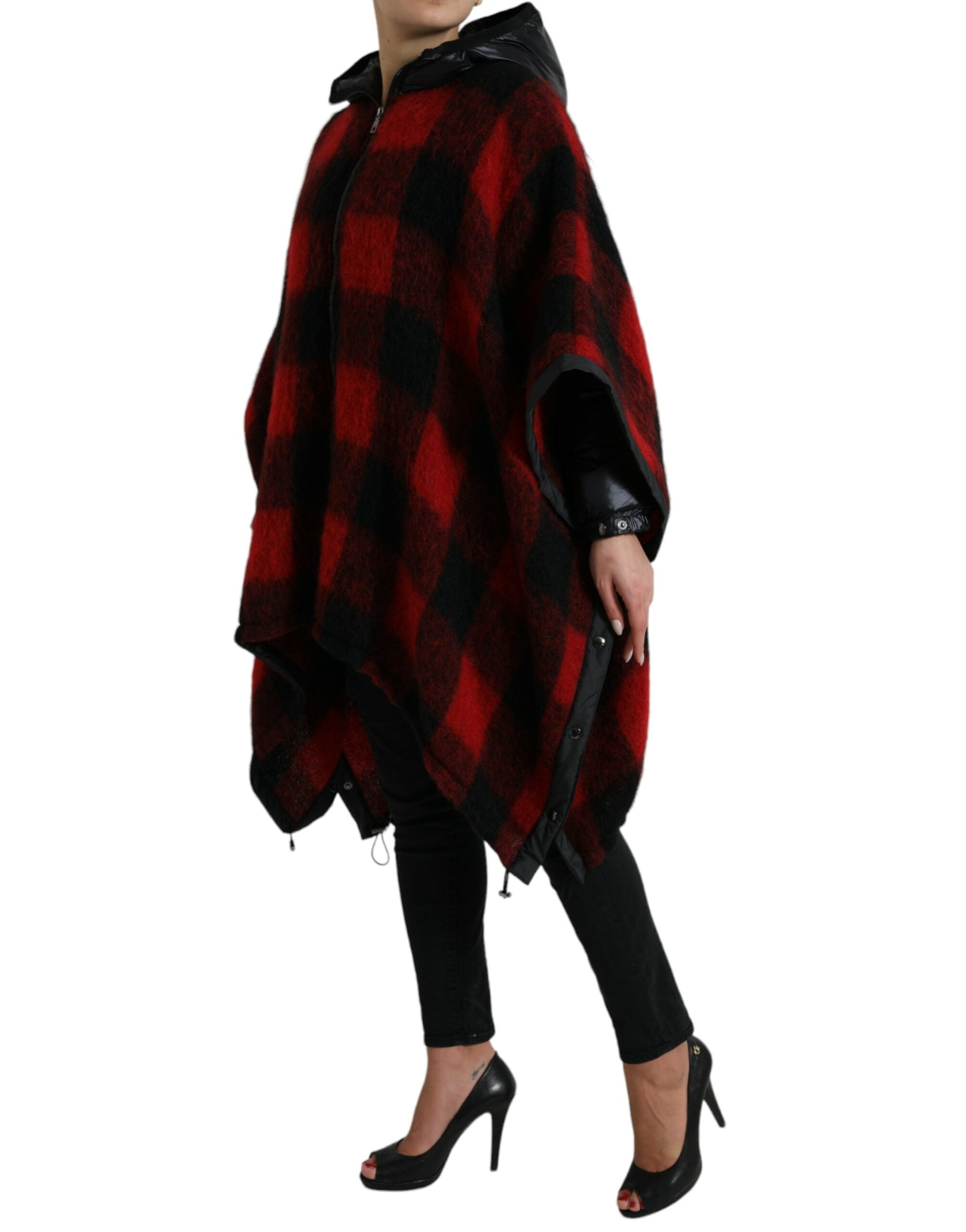 Dolce & Gabbana Black Red Buffalo Check Hooded Poncho Jacket Dolce & Gabbana