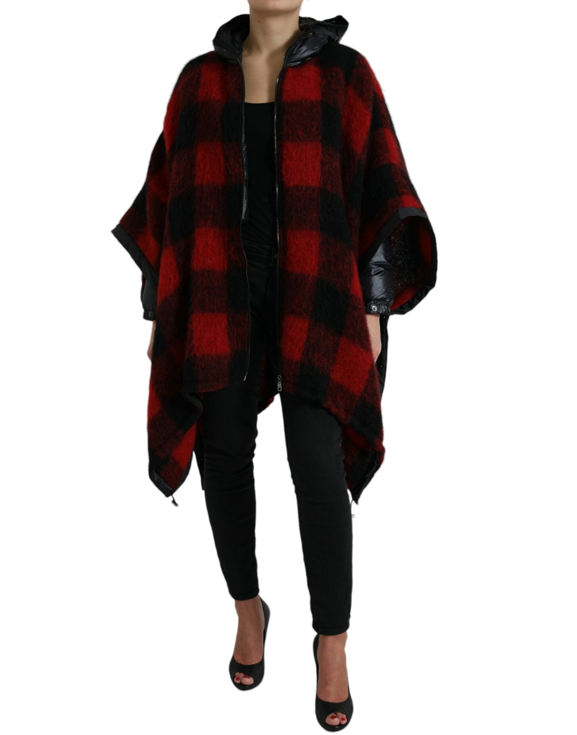 Dolce & Gabbana Black Red Buffalo Check Hooded Poncho Jacket Dolce & Gabbana