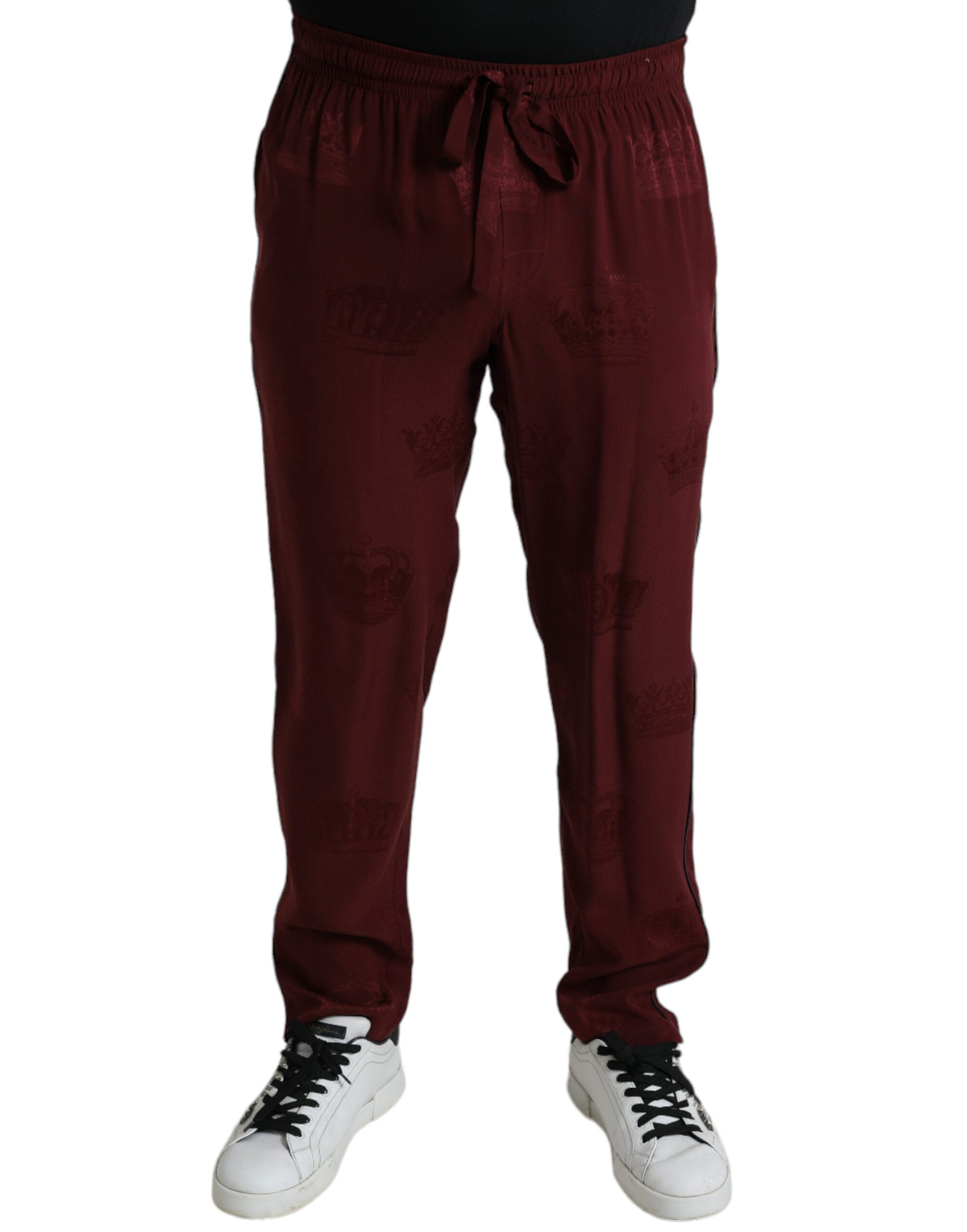Dolce & Gabbana Maroon Crown Pattern Silk Pajama Pants Dolce & Gabbana