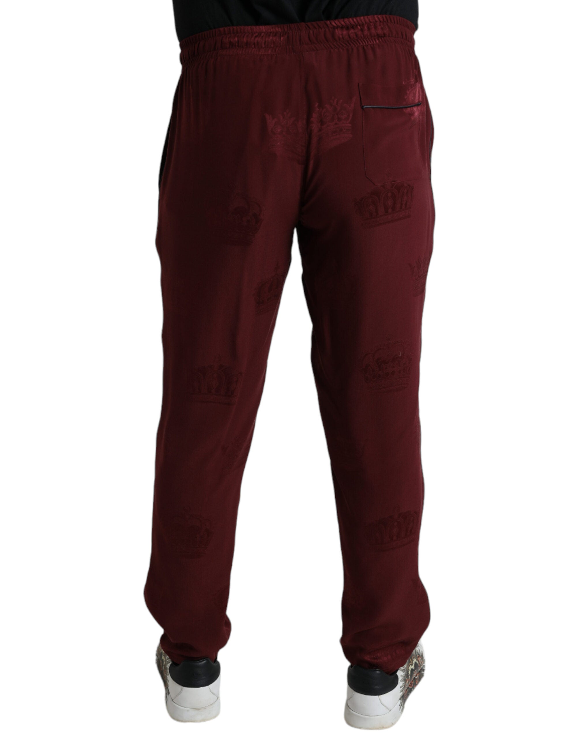 Dolce & Gabbana Maroon Crown Pattern Silk Pajama Pants Dolce & Gabbana