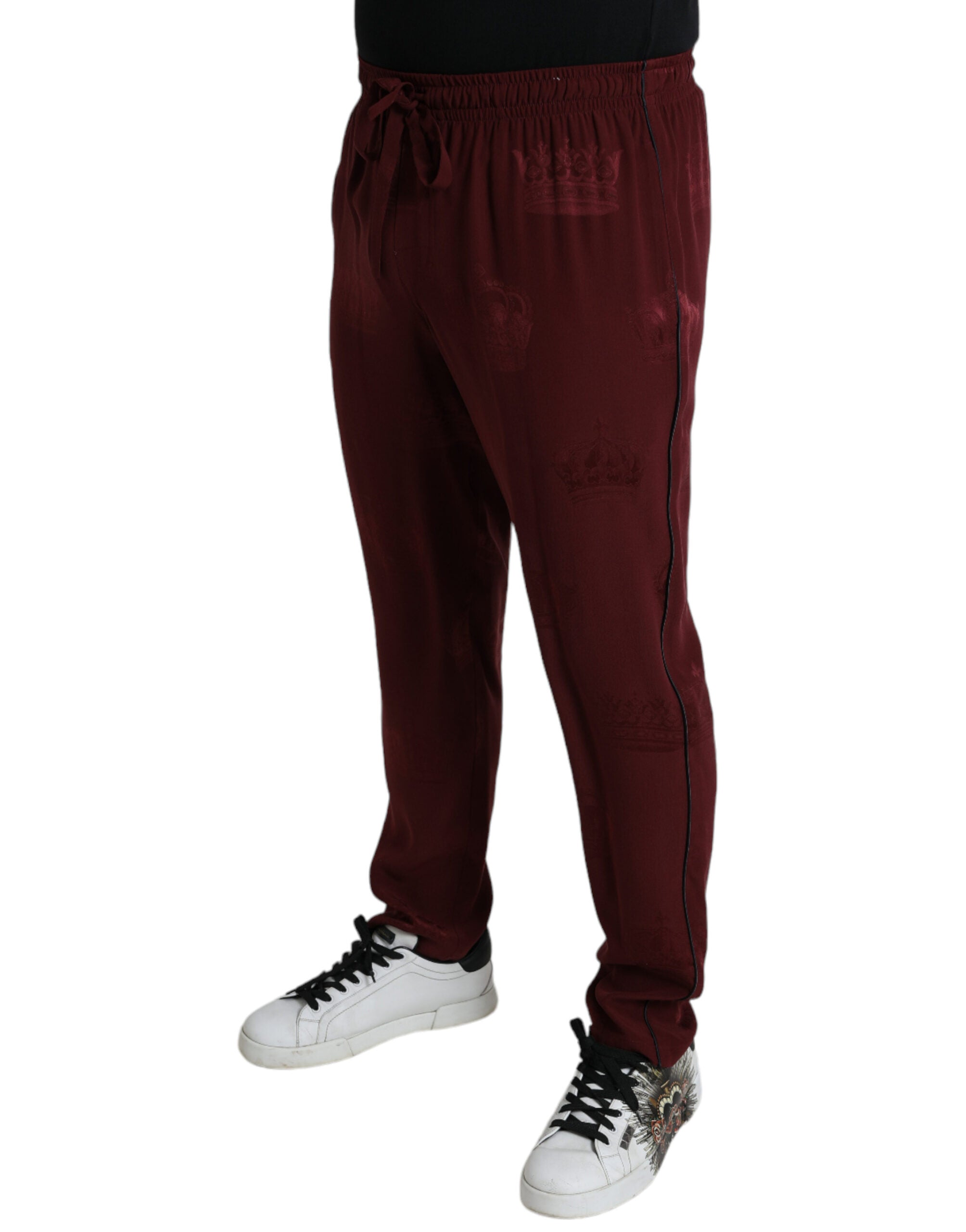 Dolce & Gabbana Maroon Crown Pattern Silk Pajama Pants Dolce & Gabbana