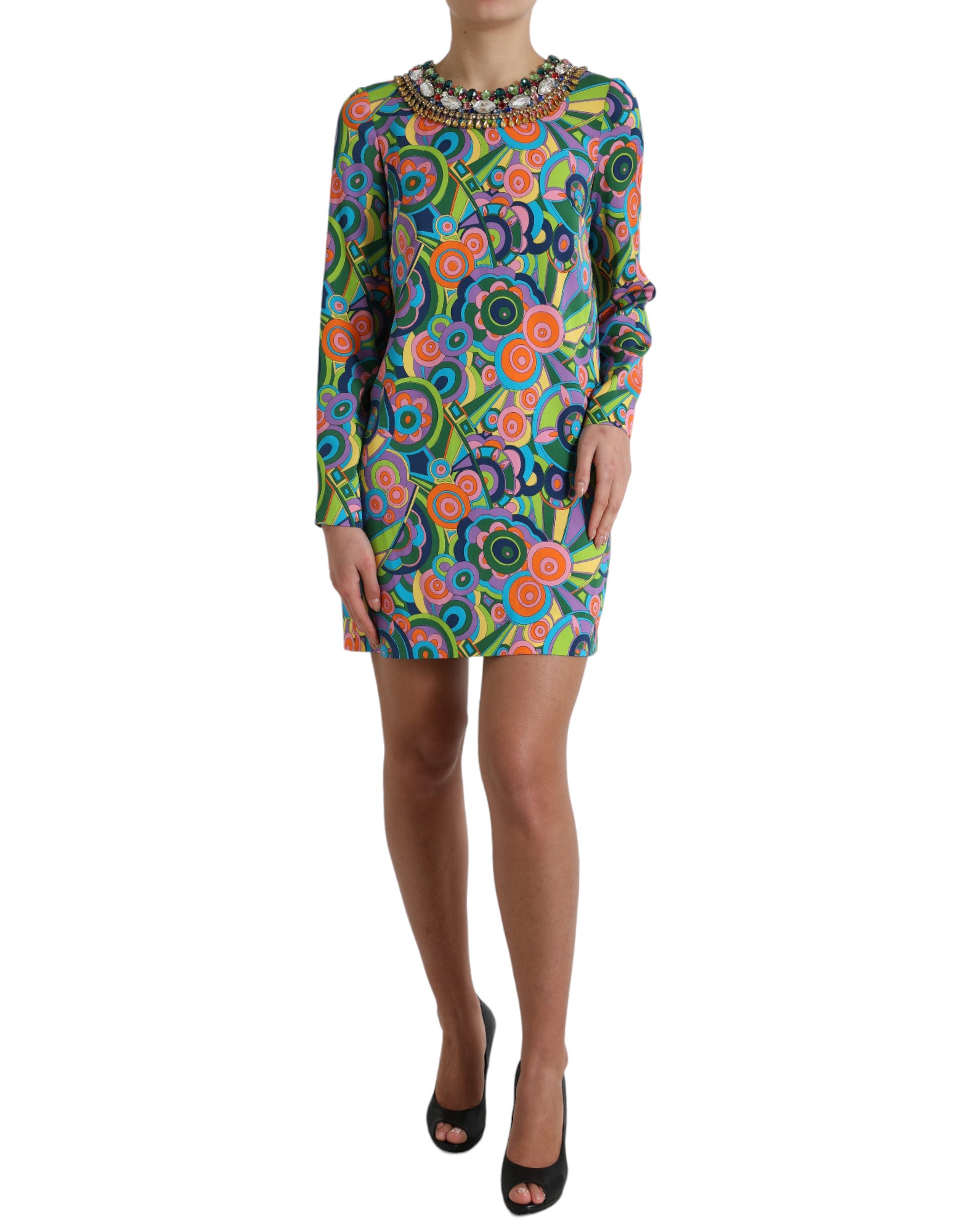 Dolce & Gabbana Multicolor Geometric Print Silk Crystals Midi Dress Dolce & Gabbana