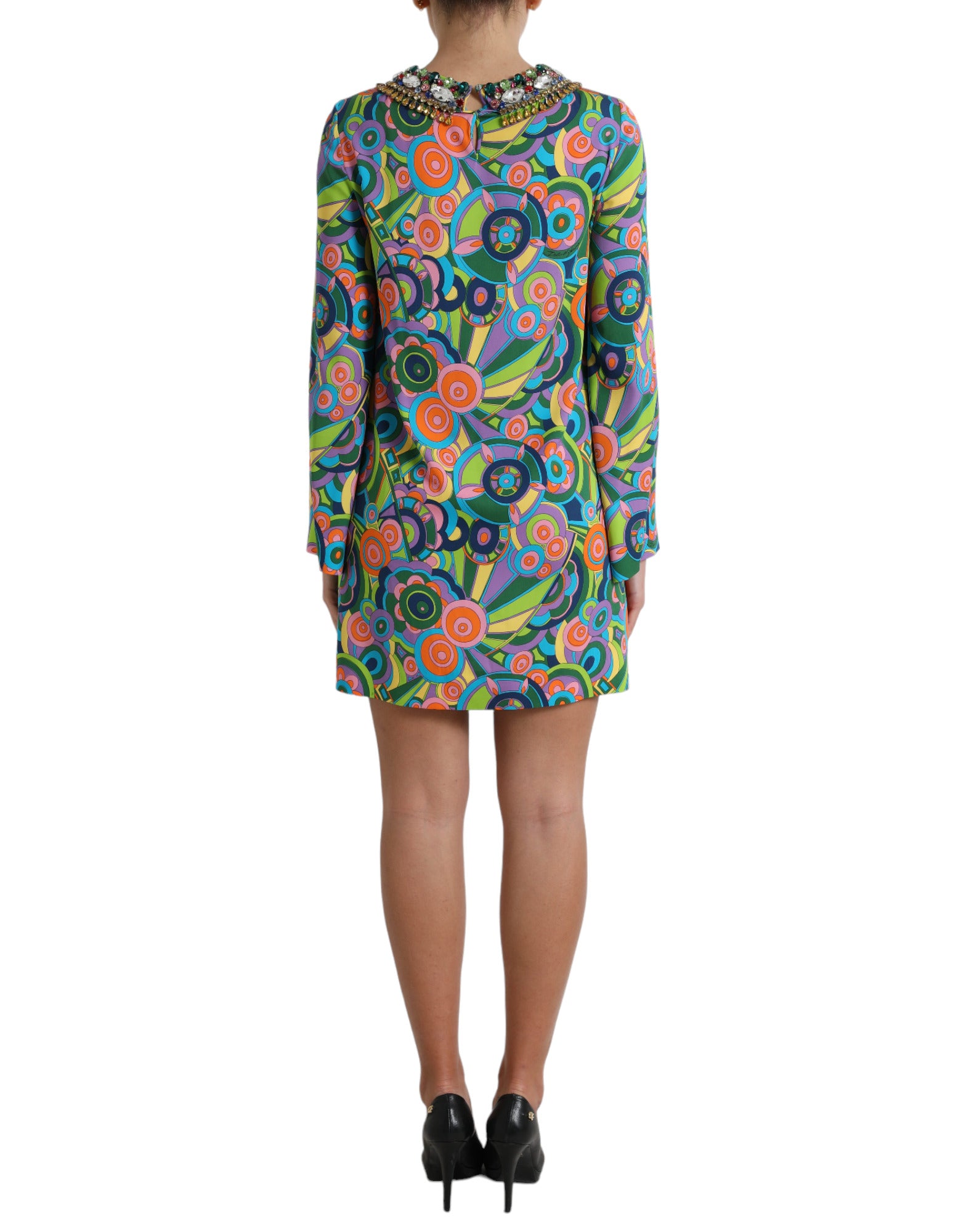 Dolce & Gabbana Multicolor Geometric Print Silk Crystals Midi Dress Dolce & Gabbana