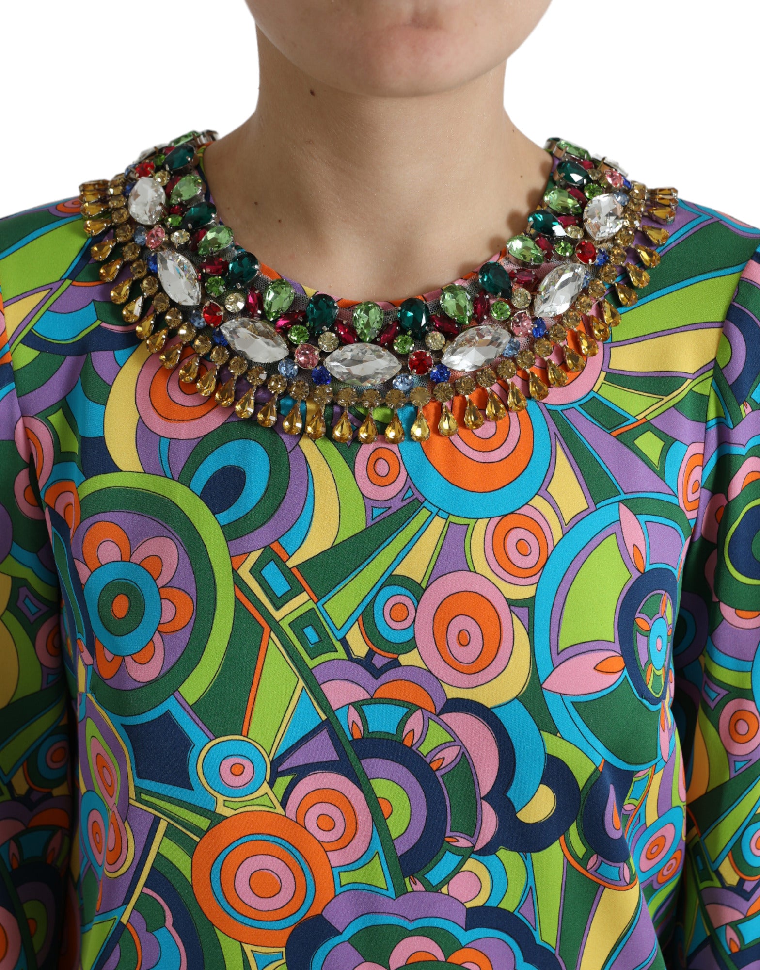 Dolce & Gabbana Multicolor Geometric Print Silk Crystals Midi Dress Dolce & Gabbana