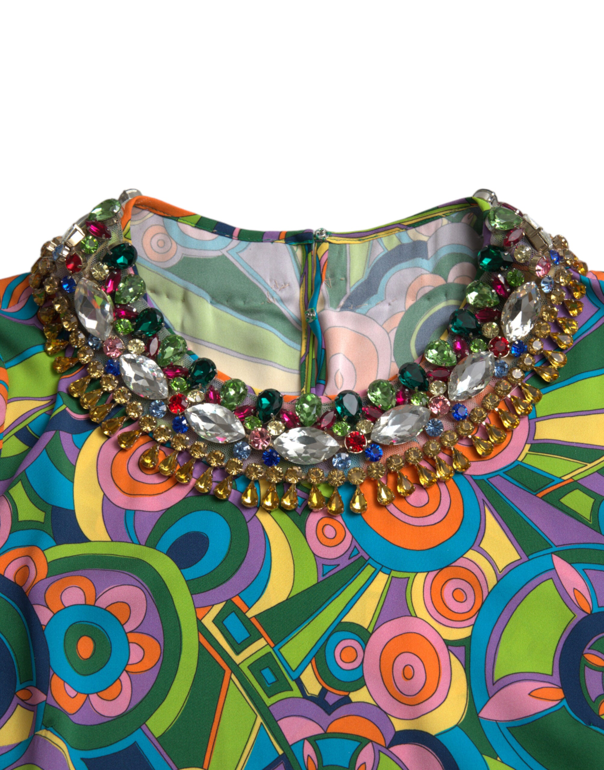 Dolce & Gabbana Multicolor Geometric Print Silk Crystals Midi Dress Dolce & Gabbana
