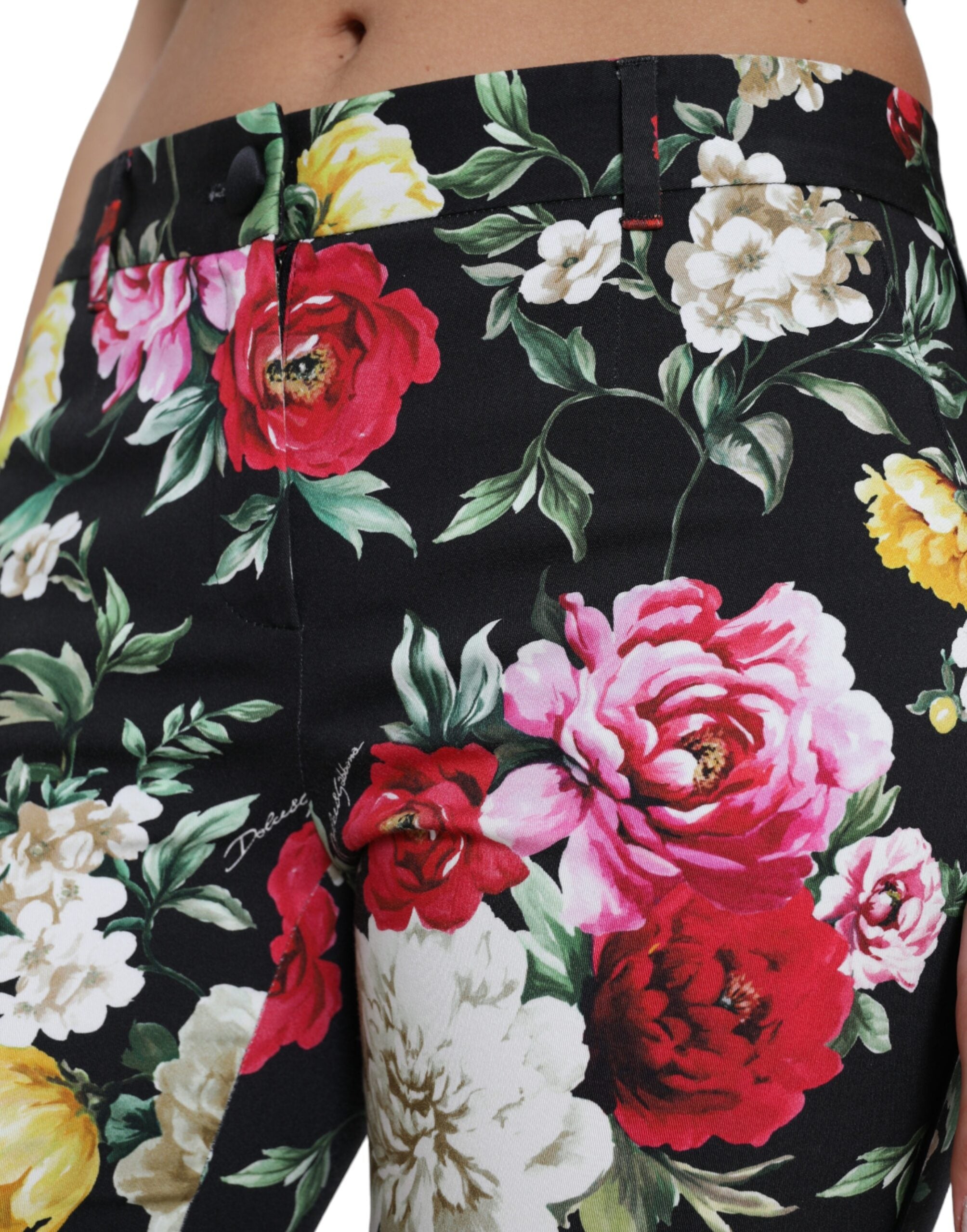 Dolce & Gabbana Black Floral Print Mid Waist Cropped Pants Dolce & Gabbana