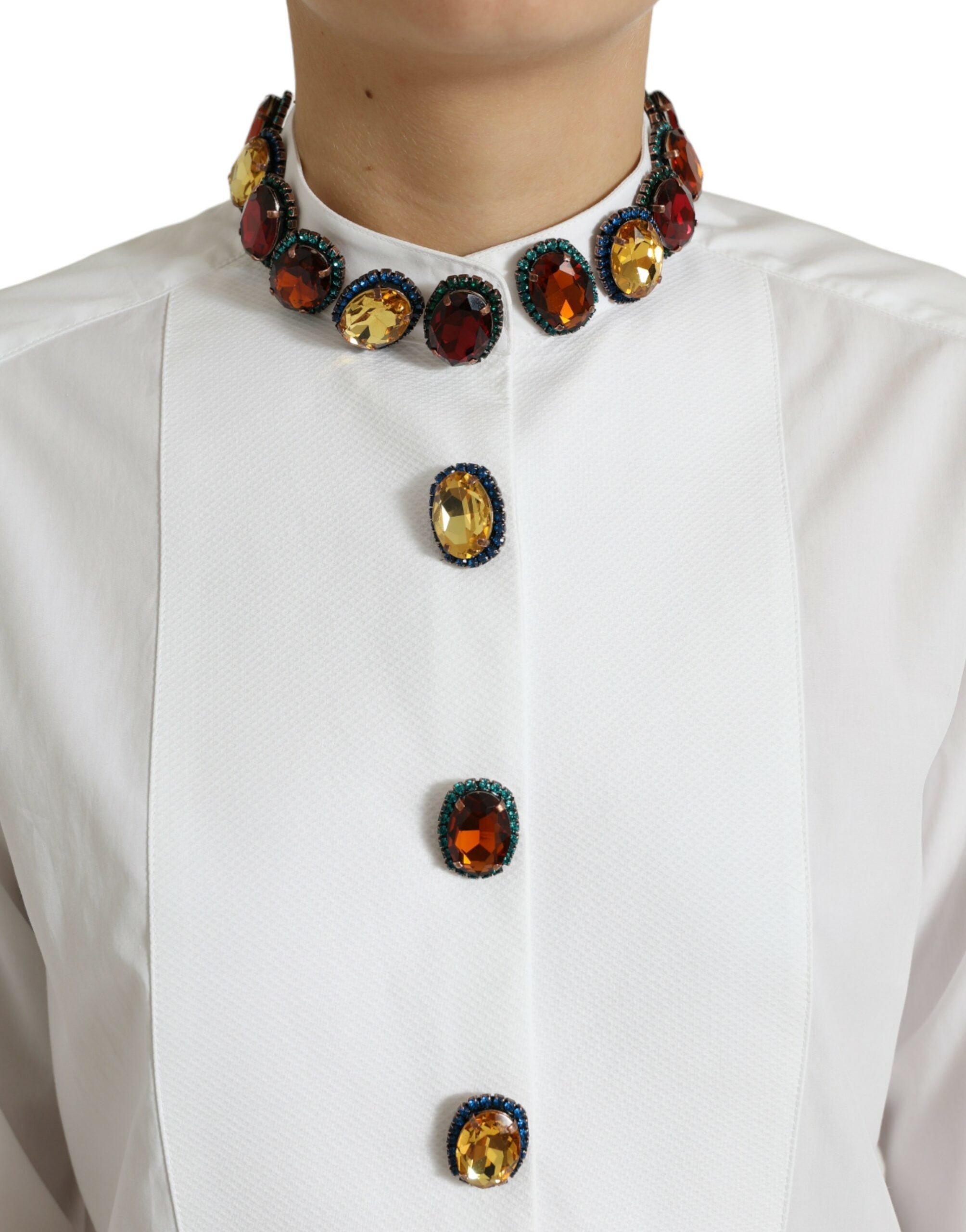 Dolce & Gabbana White Cotton Crystals Embellished Shirt Top Dolce & Gabbana