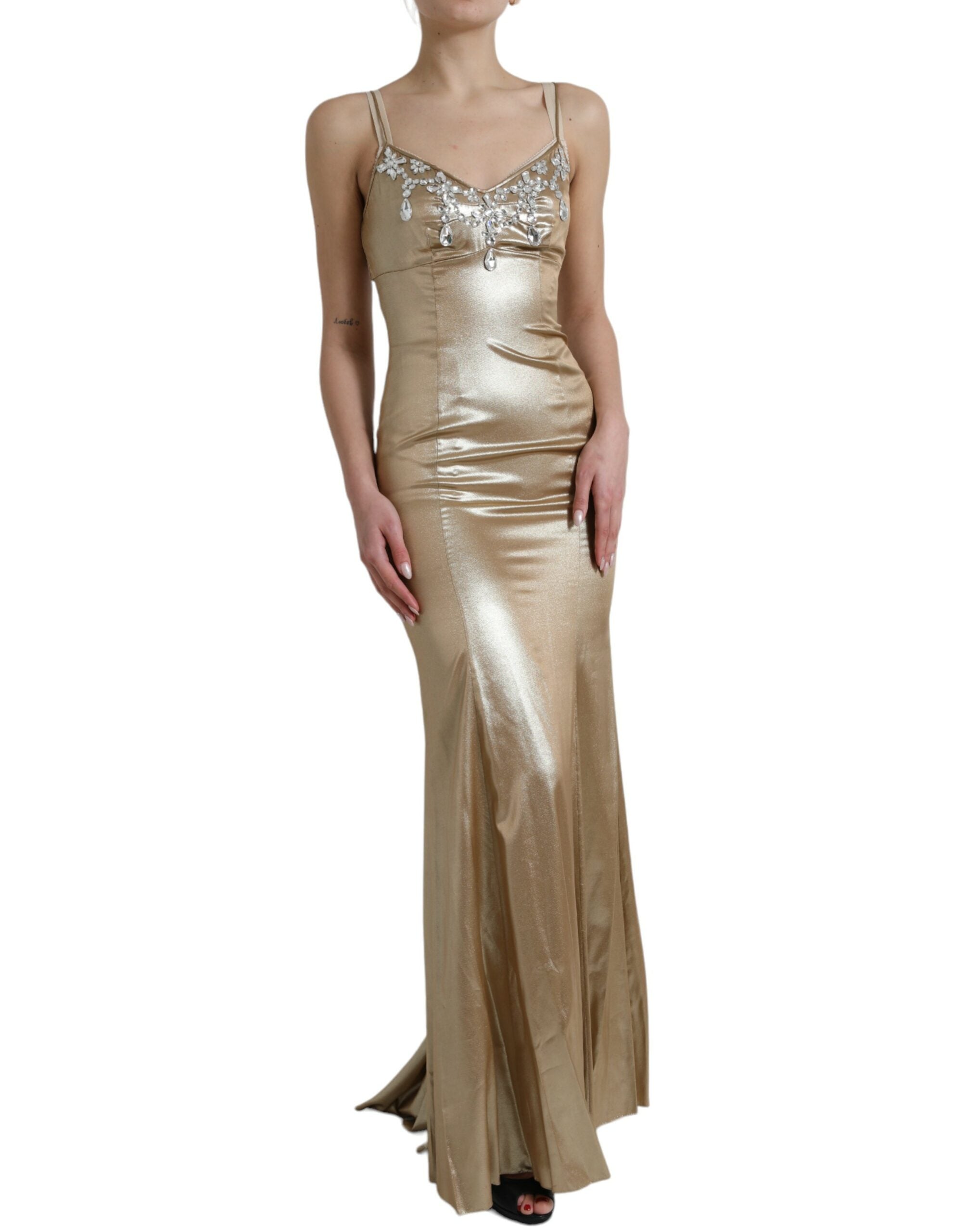 Dolce & Gabbana Metallic Gold Crystal Embellished Gown Dress Dolce & Gabbana