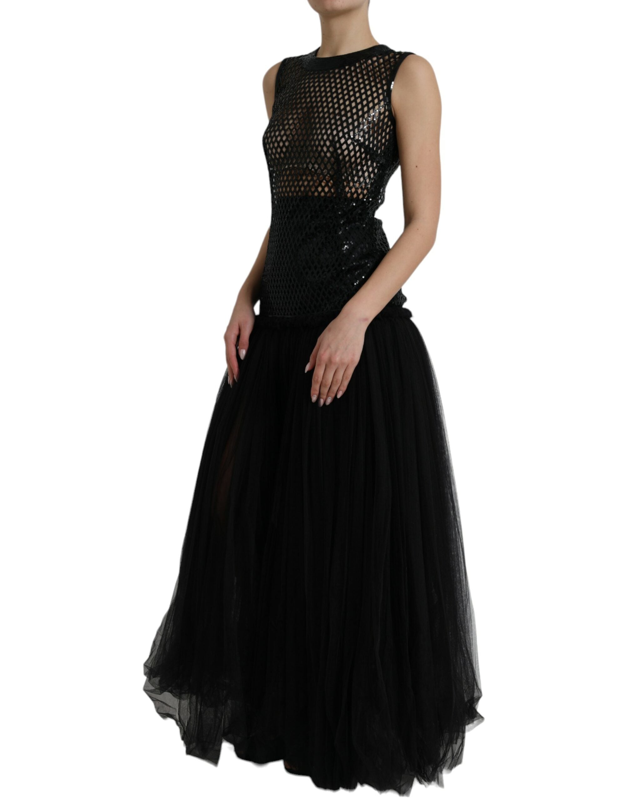 Dolce & Gabbana Black Sequined Sleeveless Mesh Layered Gown Dress Dolce & Gabbana