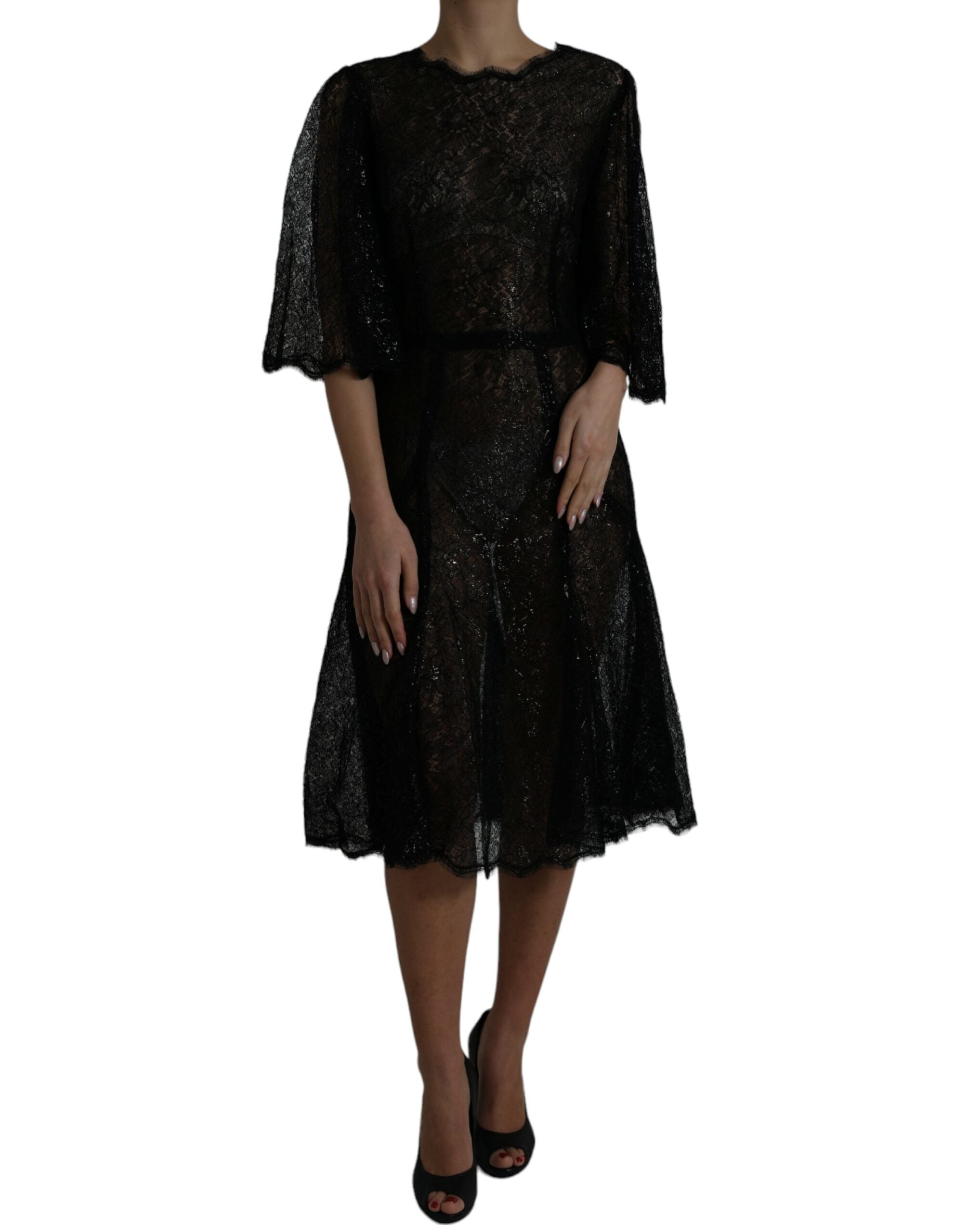 Dolce & Gabbana Black Floral Lace Sheer A-line Midi Dress Dolce & Gabbana