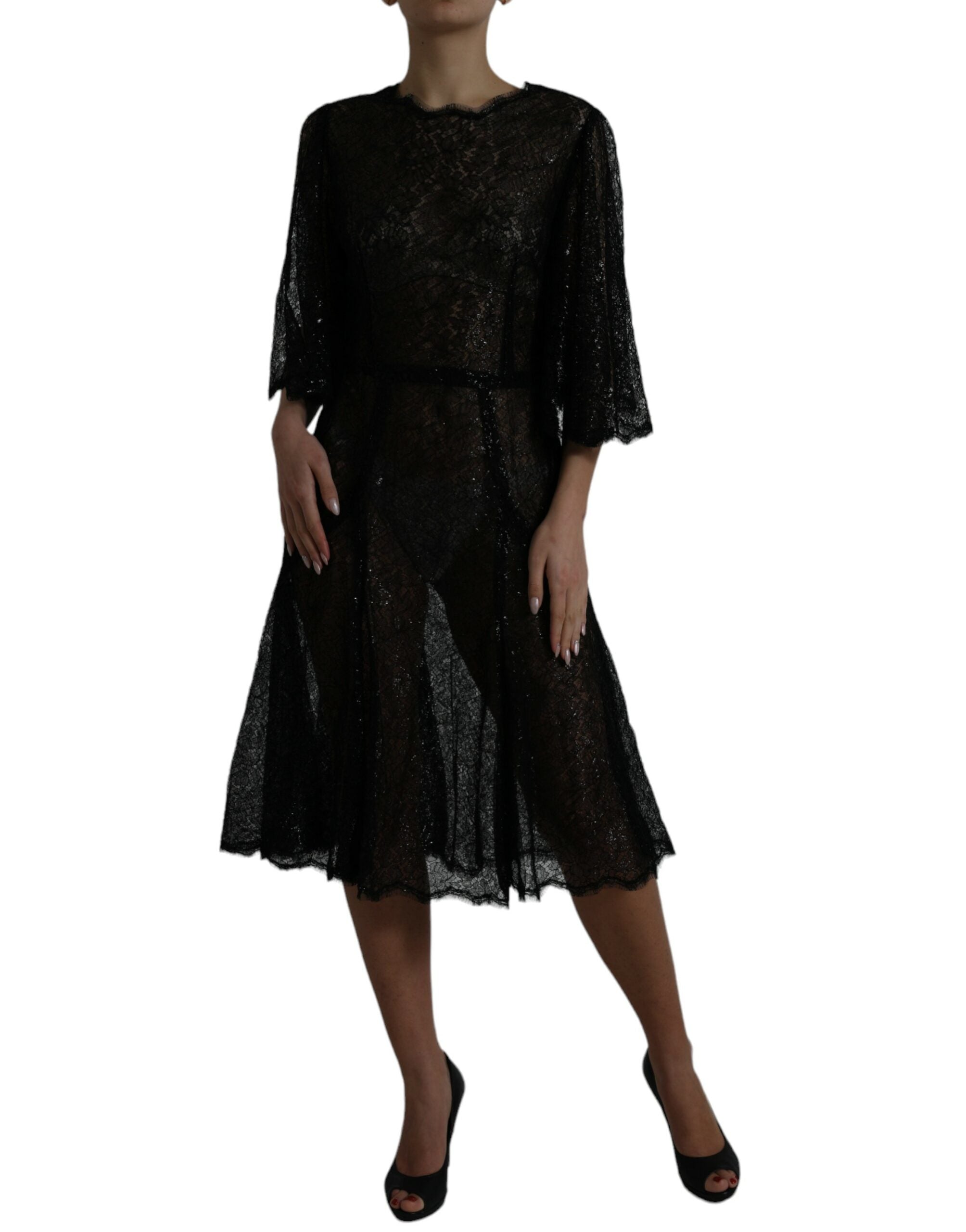 Dolce & Gabbana Black Floral Lace Sheer A-line Midi Dress Dolce & Gabbana