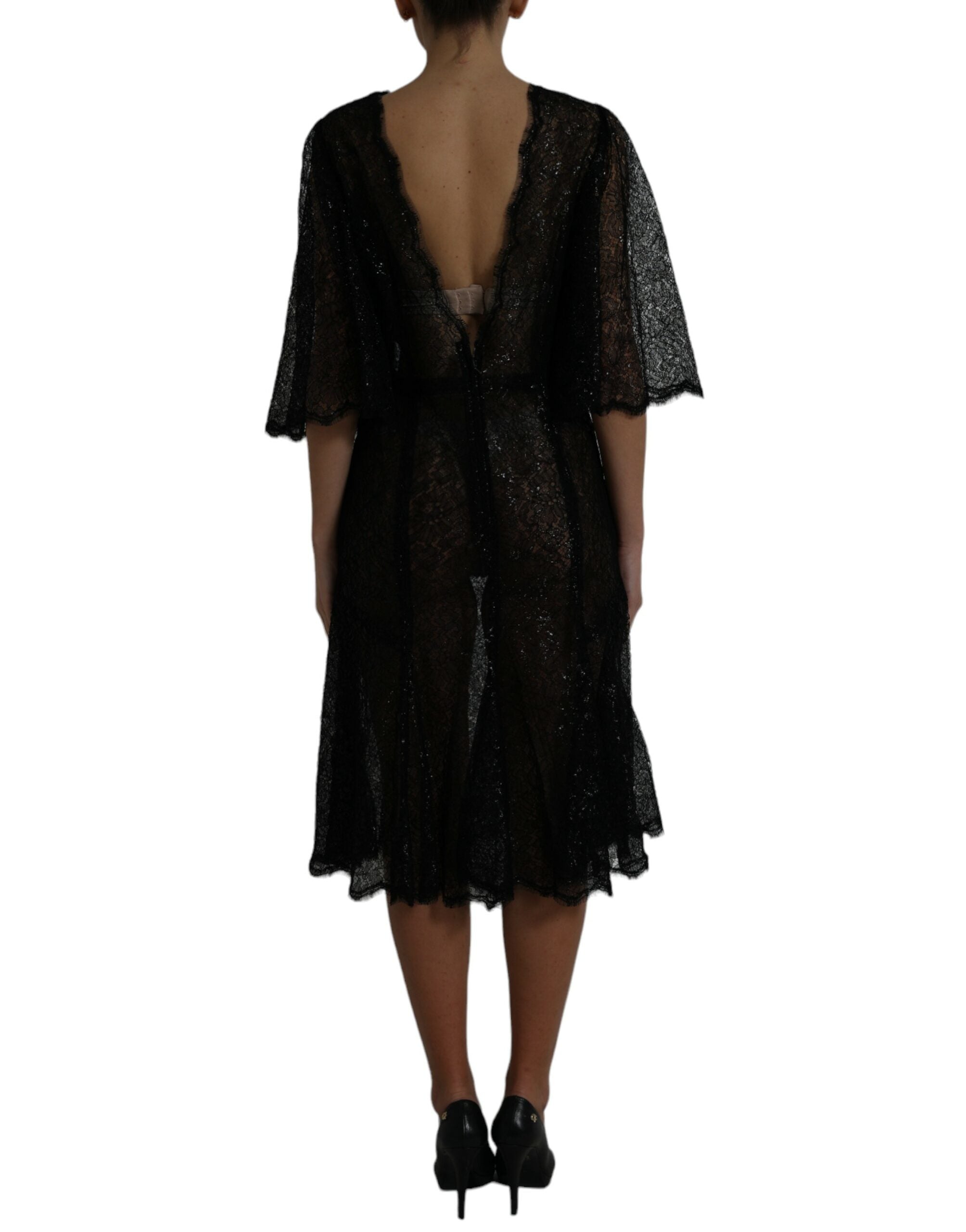 Dolce & Gabbana Black Floral Lace Sheer A-line Midi Dress Dolce & Gabbana