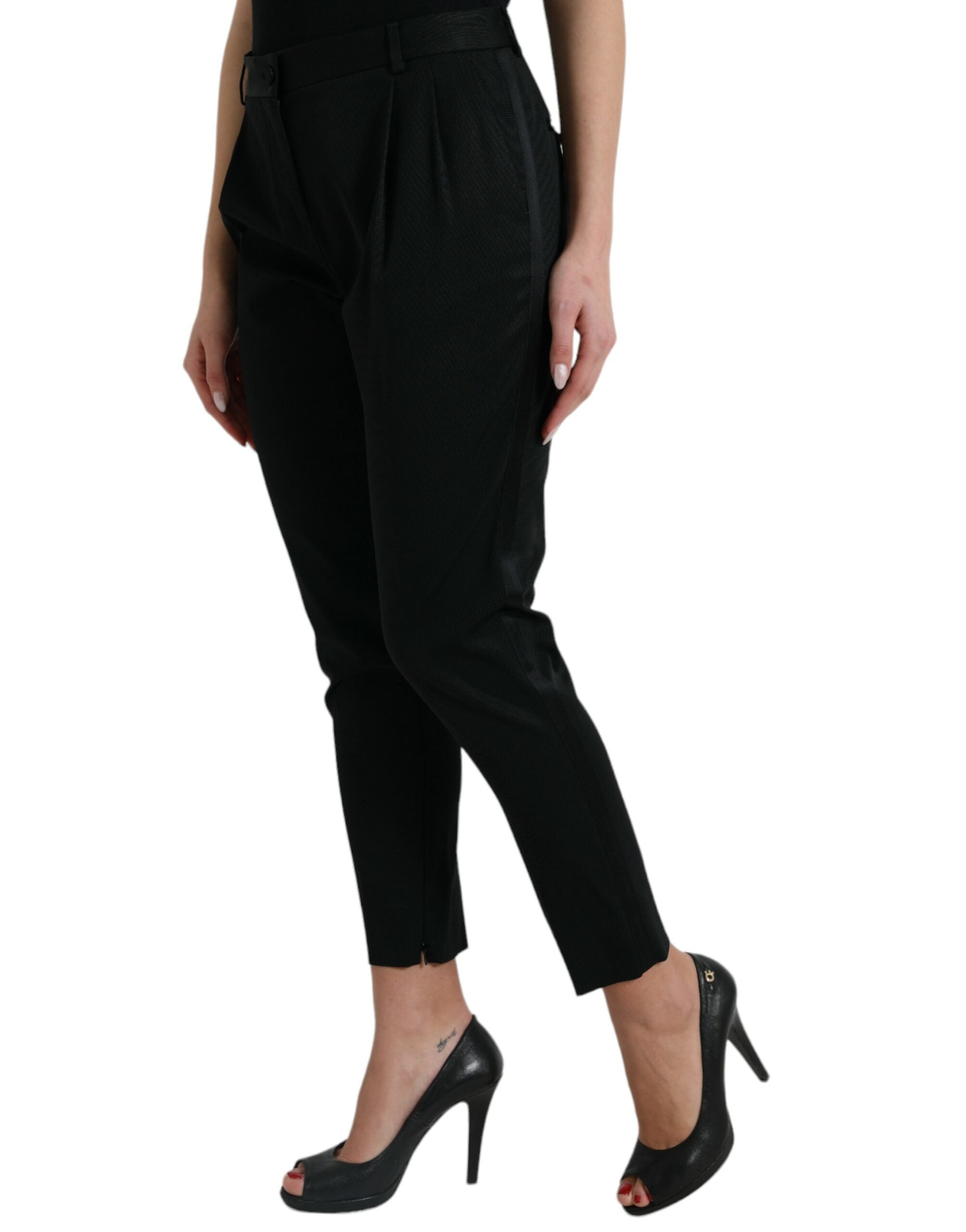 Dolce & Gabbana Black Wool High Waist Cropped Tapered Pants Dolce & Gabbana